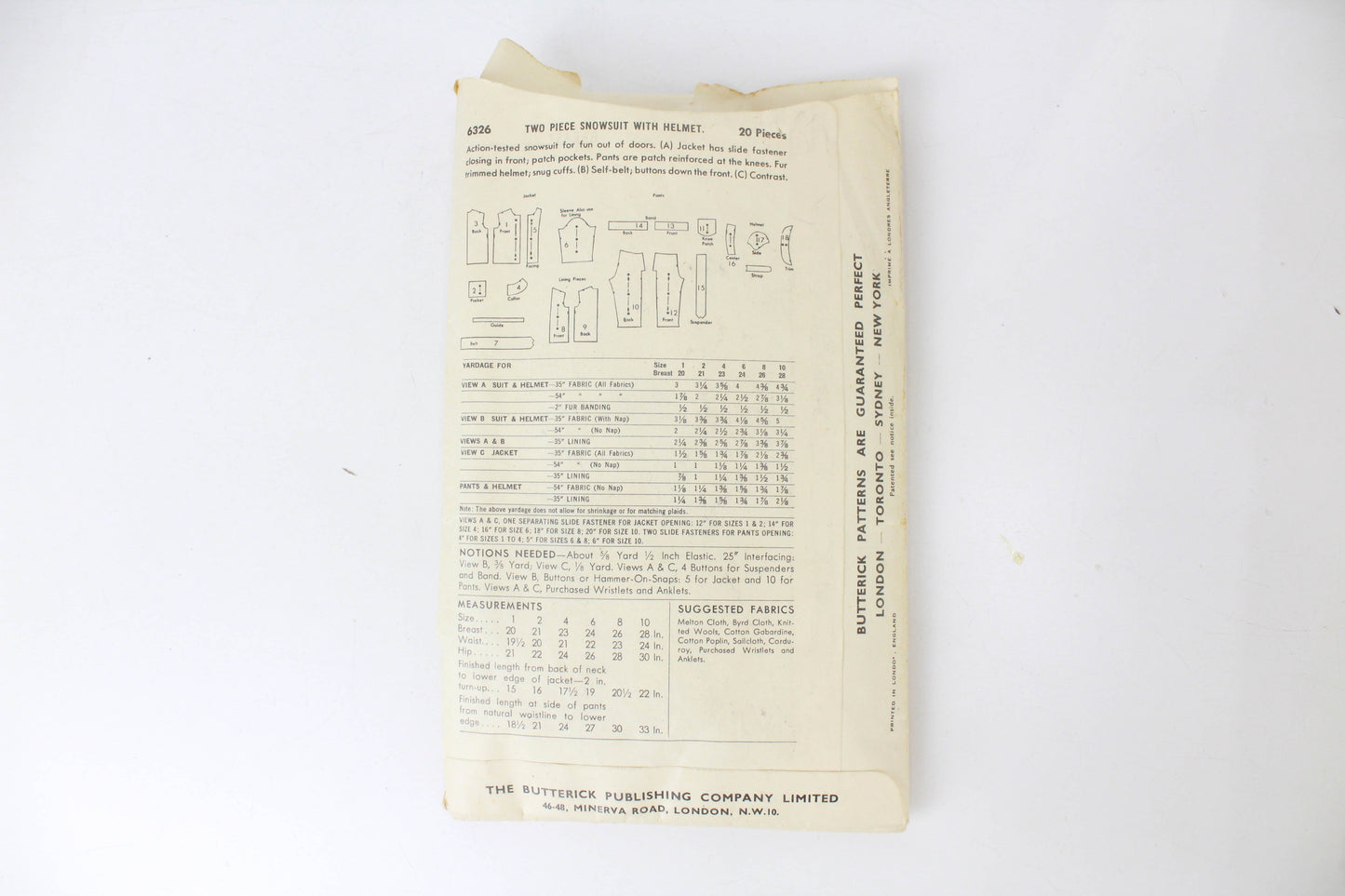 1940s childs snowsuit sewing pattern butterick 6326 vintage pattern