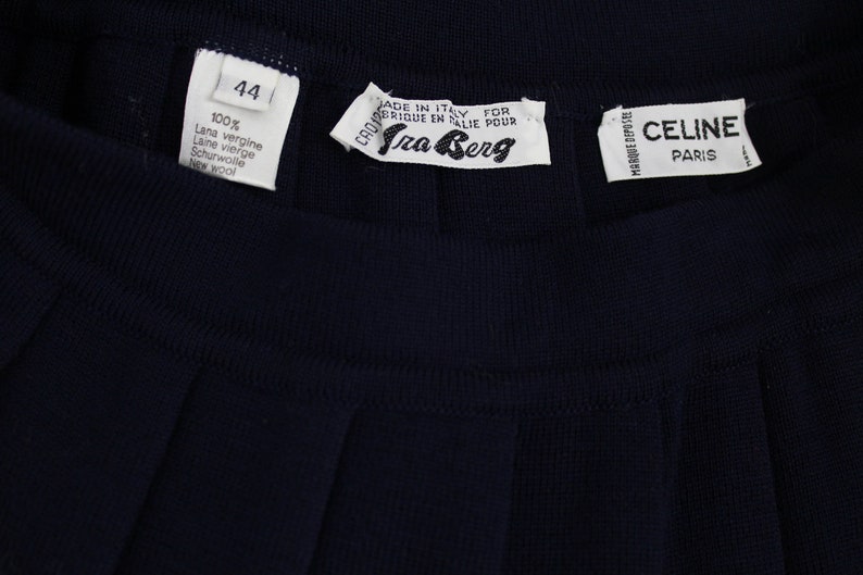 80s Vintage Celine Wool Skirt and Top Set, Navy Blue with Green Stripe and Trim, Old Celine