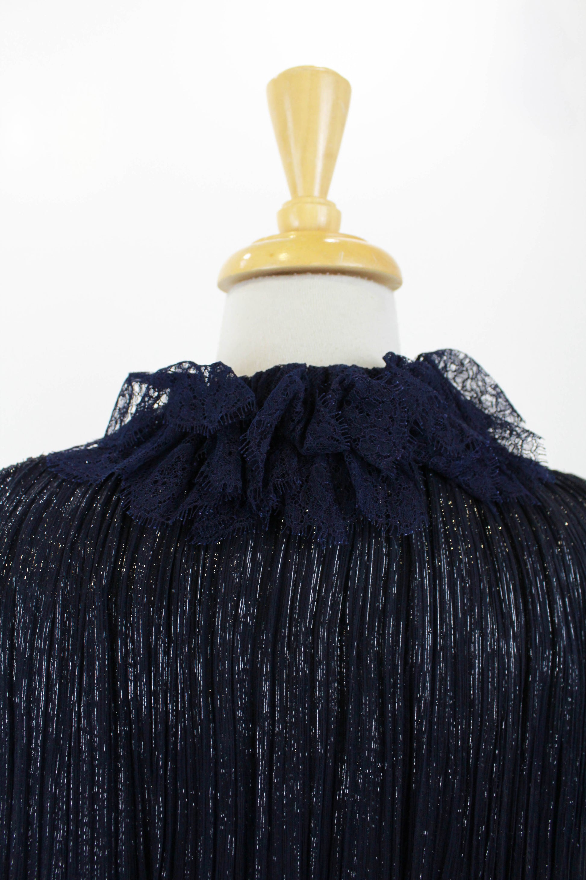 Vintage Chanel Ciré Silk Bouse Navy Blue Metallic Lace Ruffle Collar