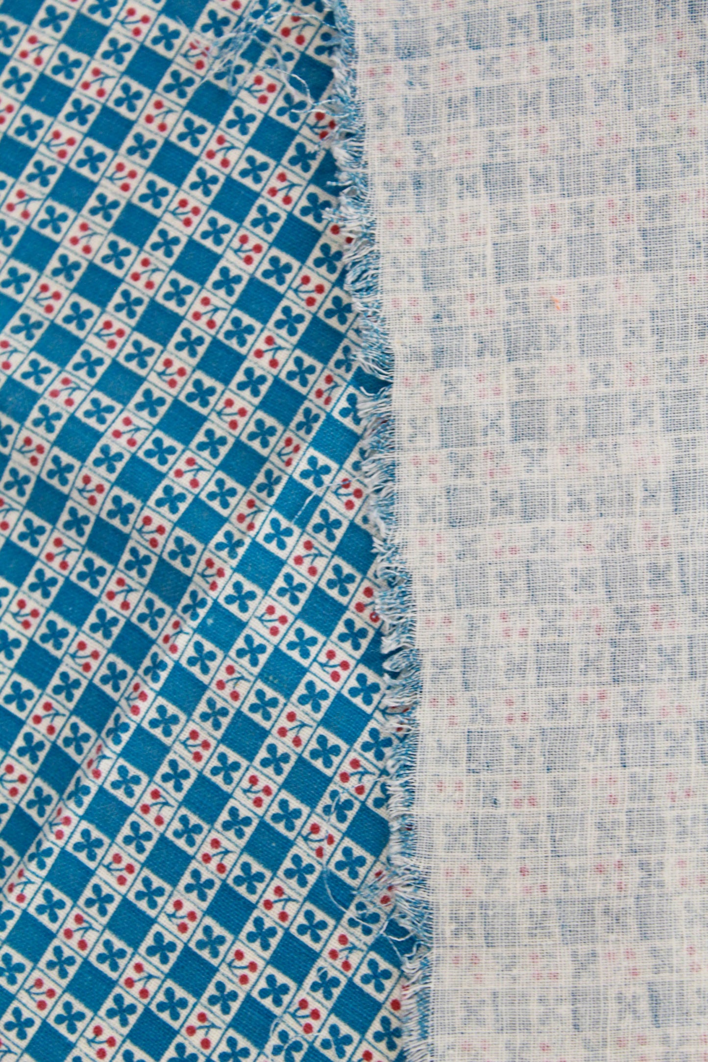 1930s 40s cherry print blue and white square feedsack cotton fabric