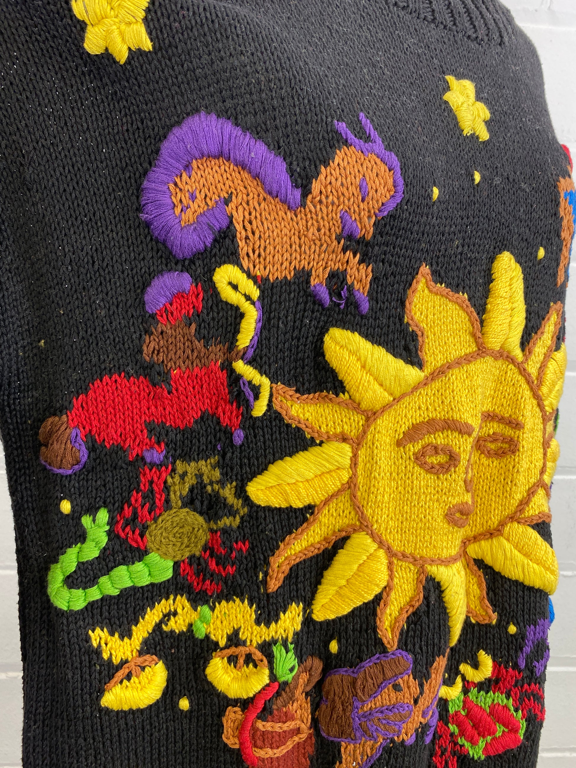 Vintage 1980s Black Embroidered Astrology Motif Cotton Handknit Sweater, L