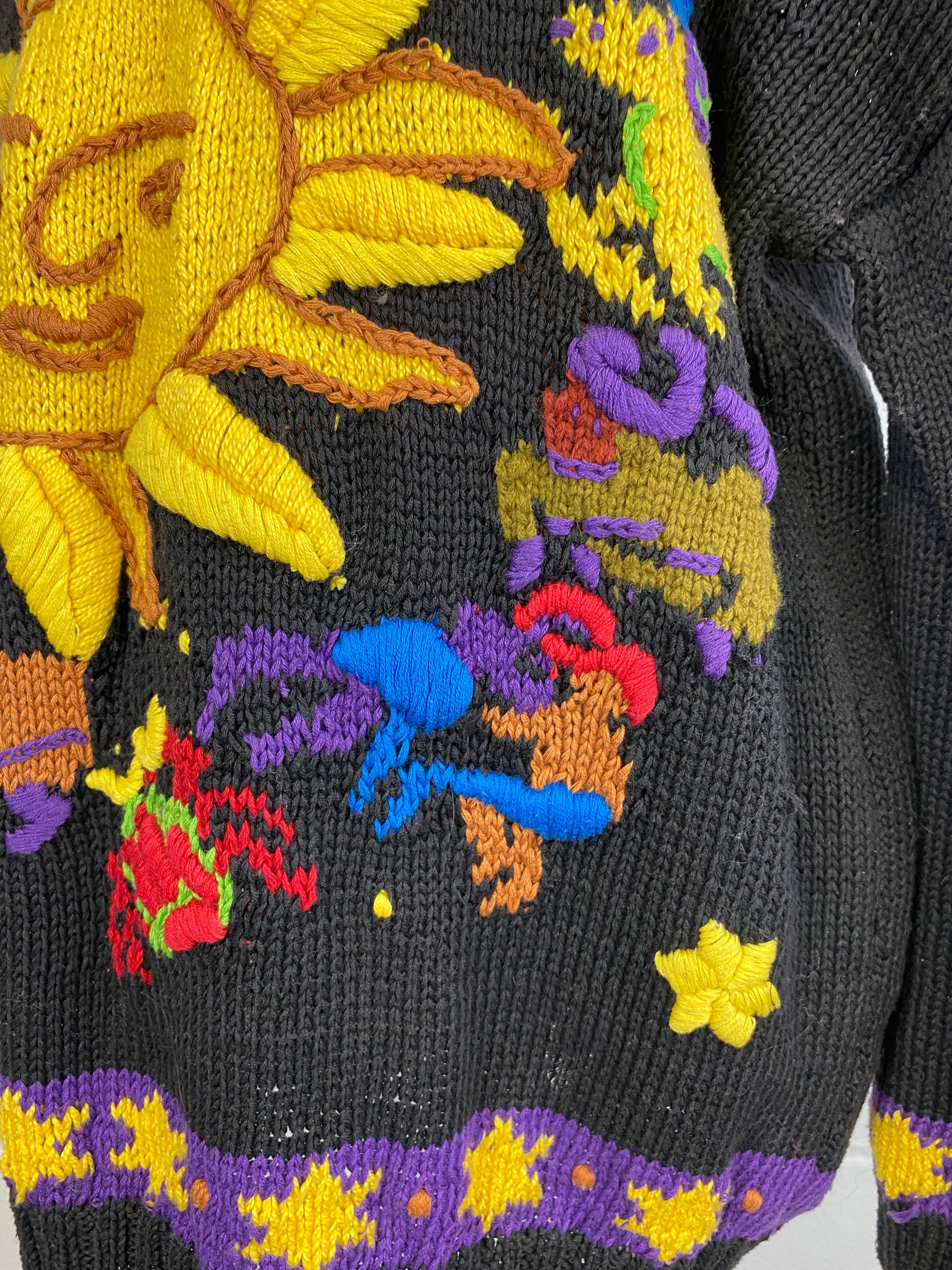 Vintage 1980s Black Embroidered Astrology Motif Cotton Handknit Sweater, L