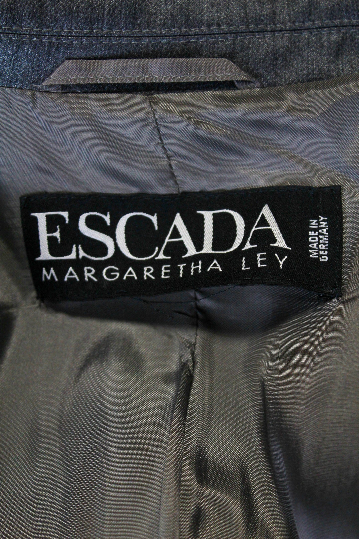 80s Vintage Escada Blazer Grey Wool Shiny, Large Lapel, Logo Buttons, Pockets