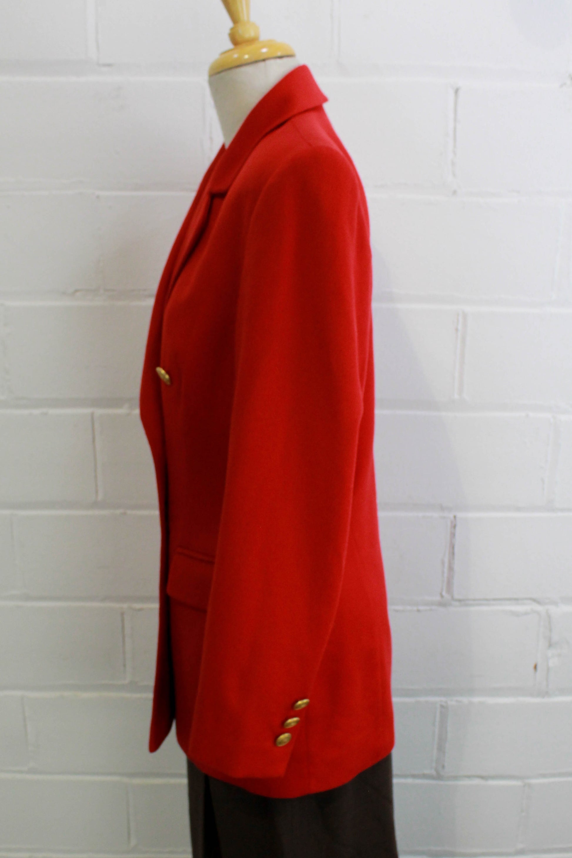 80s Red Wool Angora Blazer with Gold Buttons Side View, Pockets