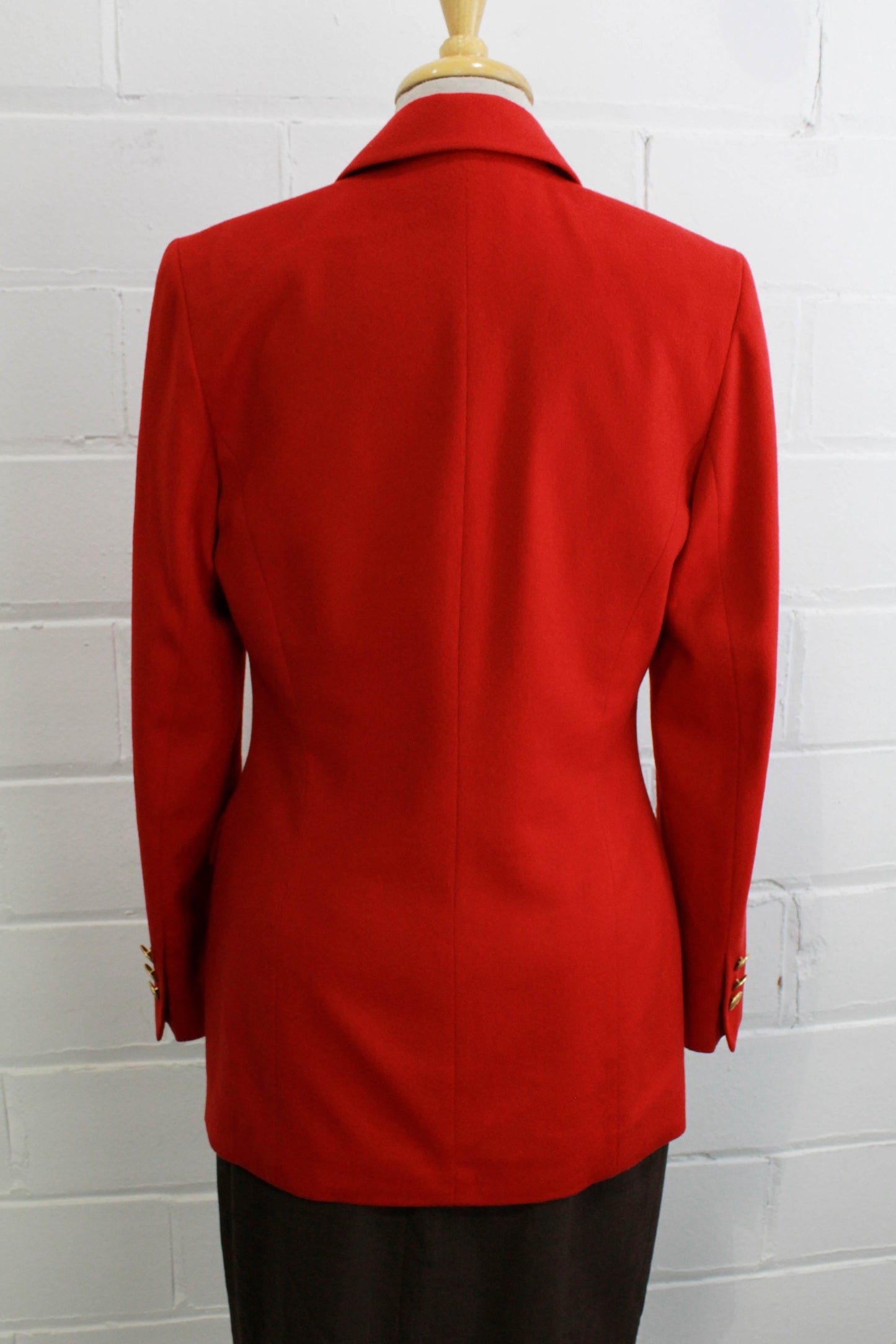 80s Red Wool Angora Blazer with Gold Buttons Front View, Pockets