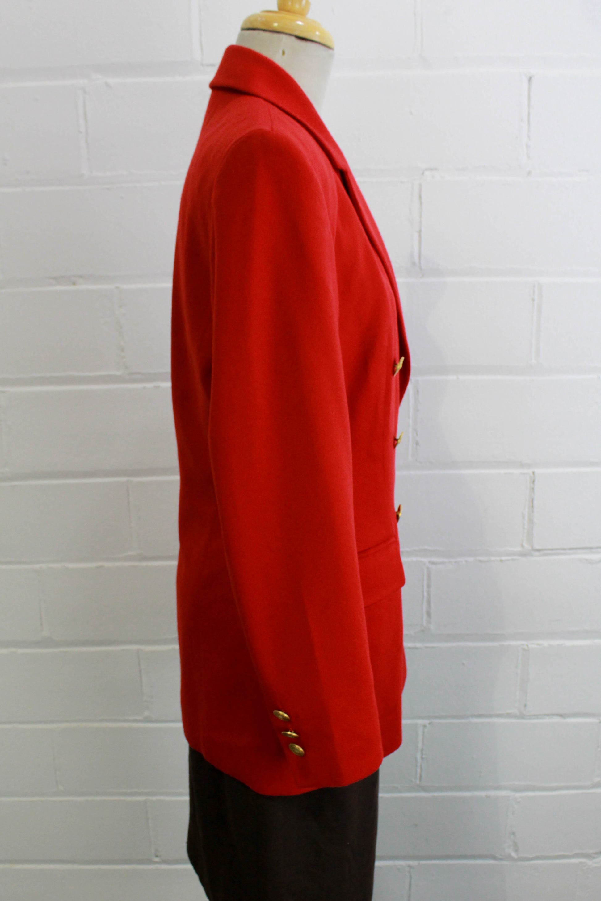 80s Red Wool Angora Blazer with Gold Buttons Side View, Pockets