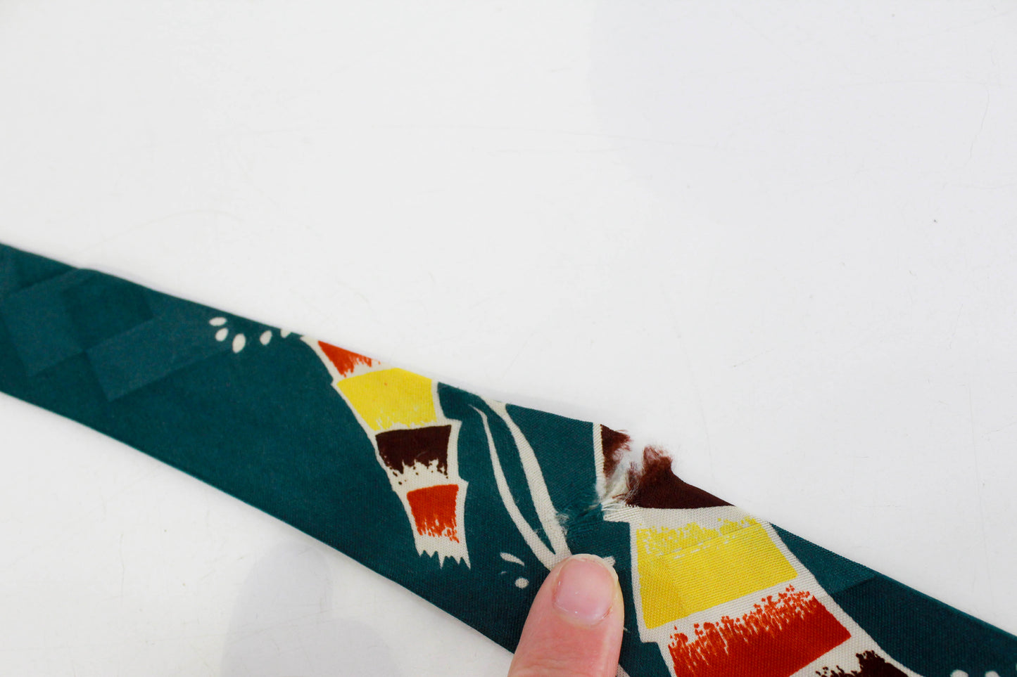 1940s Green Rayon Necktie, Red and Yellow Abstract Print Wide Tongue