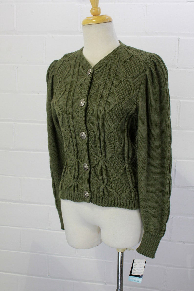 vintage wool austrian trachten cardigan olive green puff sleeves deadstock