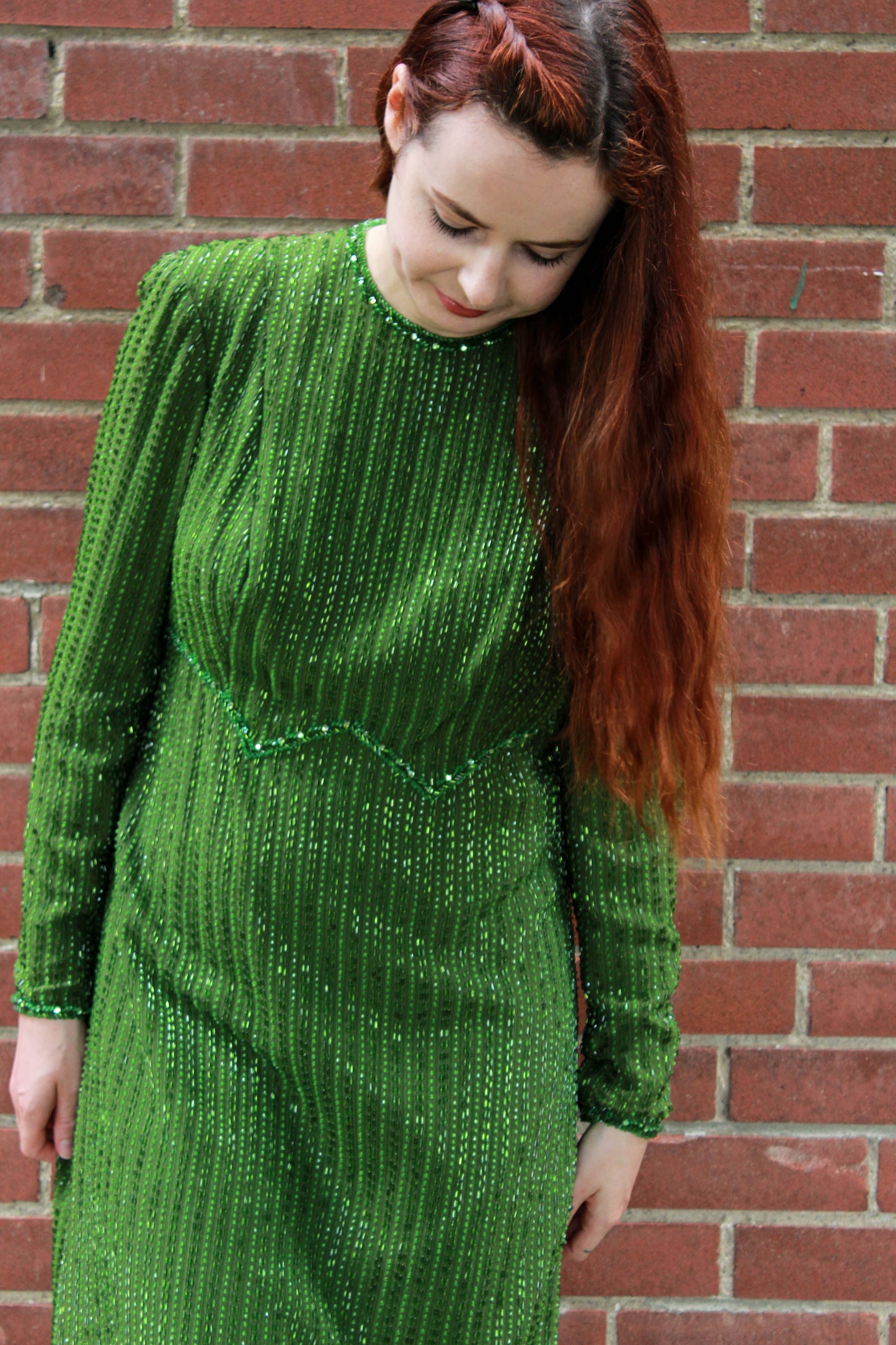 Vintage 1960s Green Fully Beaded Long-Sleeve Dress, Medium