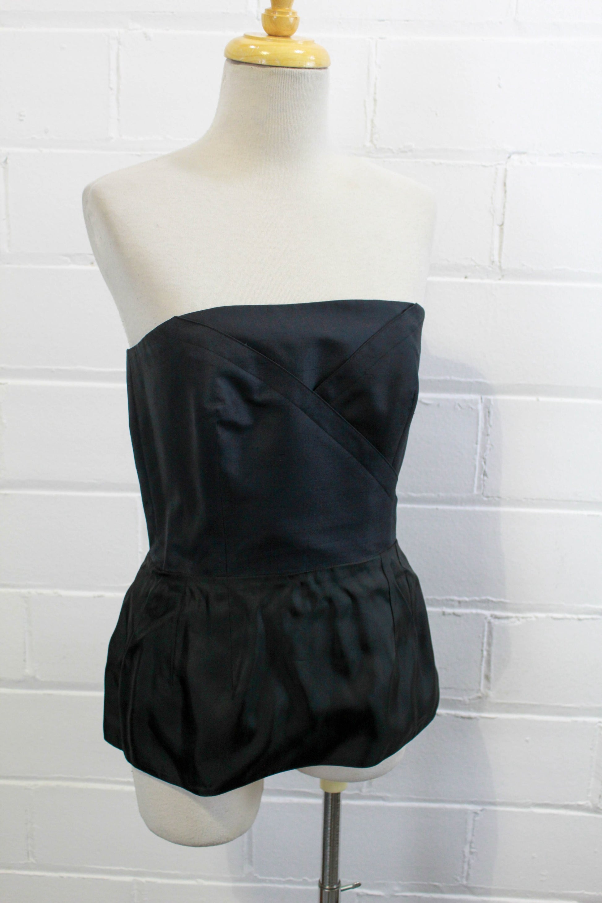 80s Guy Laroche skirt and strapless boned top black silk front view of top