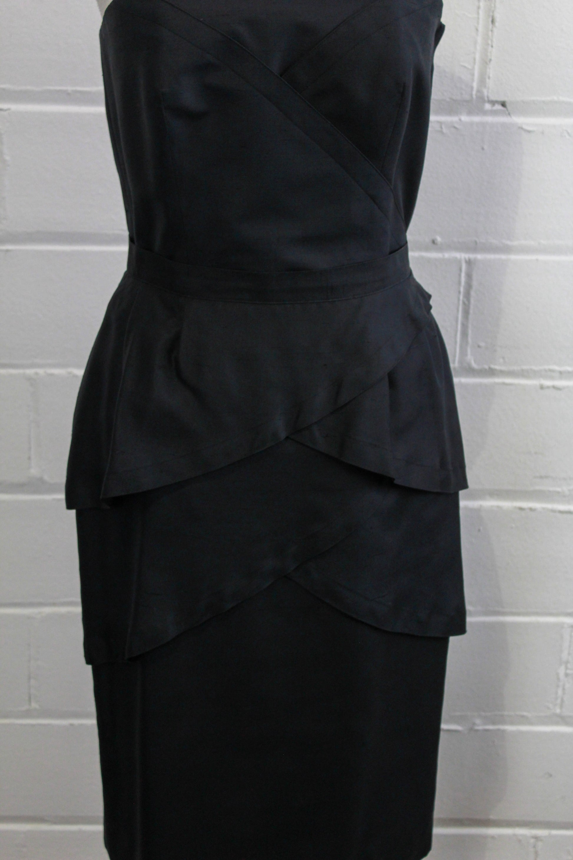 80s Guy Laroche skirt and strapless boned top black silk front view of skirt