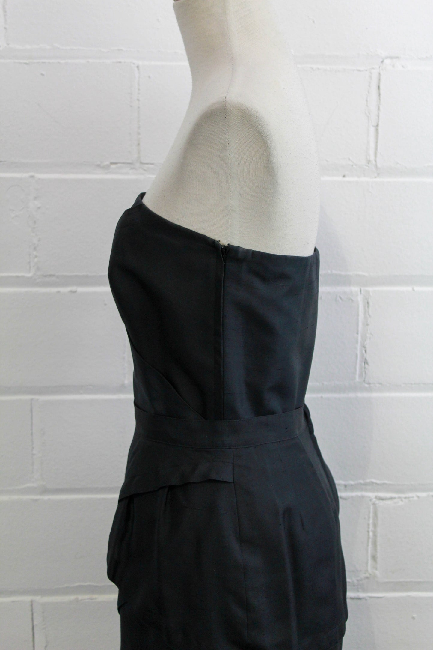 80s Guy Laroche skirt and strapless boned top black silk top side view