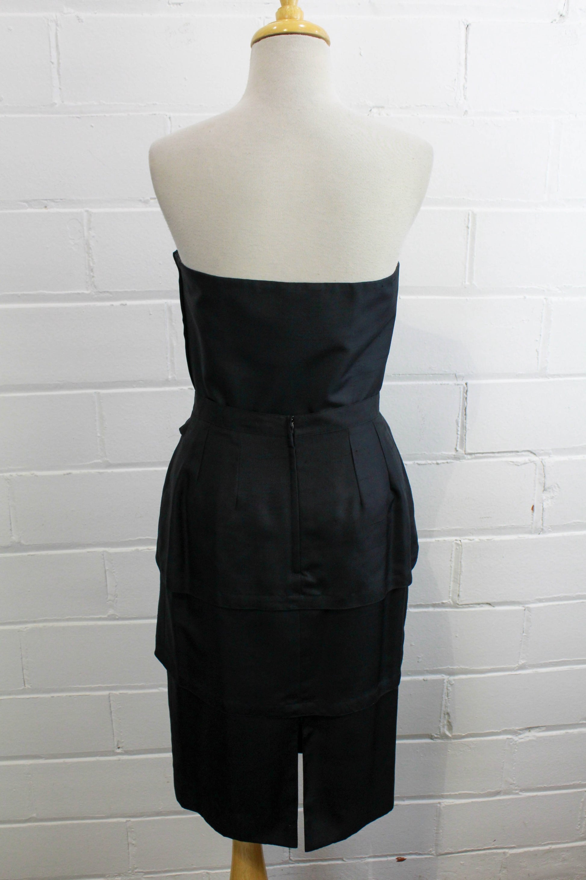 80s Guy Laroche skirt and strapless boned top black silk back view