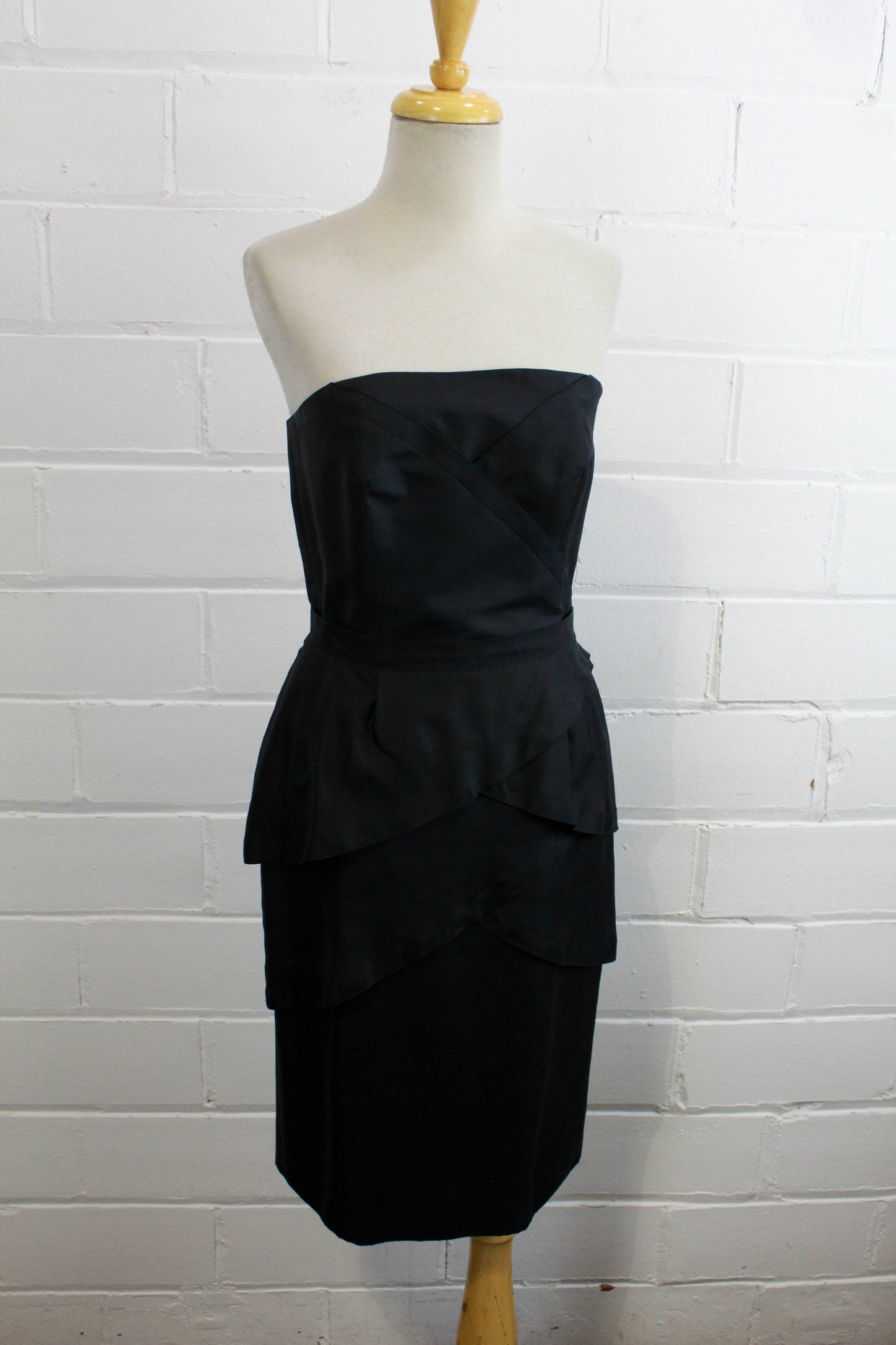 80s Guy Laroche skirt and strapless boned top black silk front view