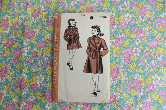 1930s or 40s Girls' Coat Sewing Pattern Hollywood 724, Complete, Bust 28"