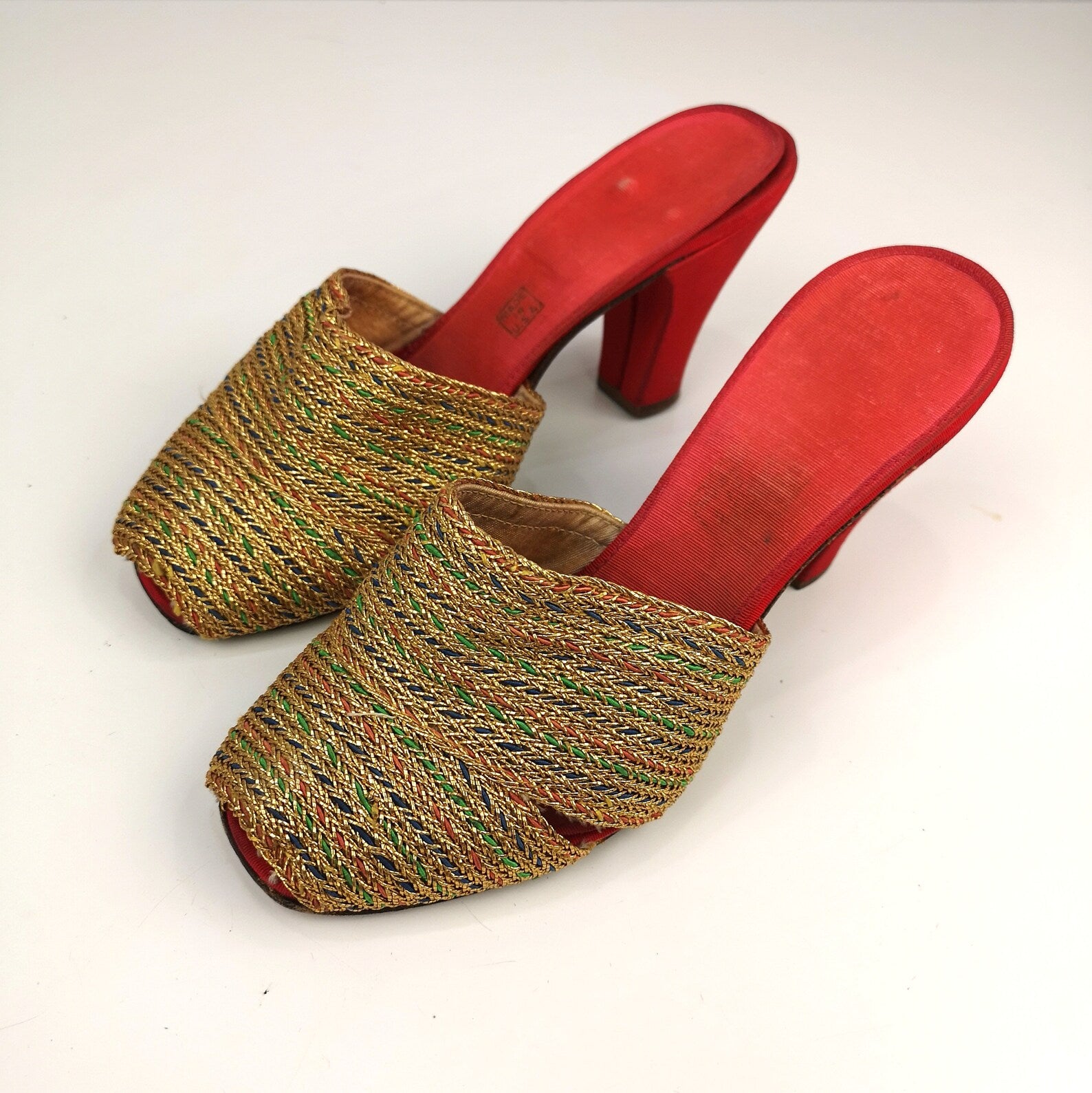Vintage 1930s Red Gold Peep-Toe High Heel Shoes/ Mules – Ian