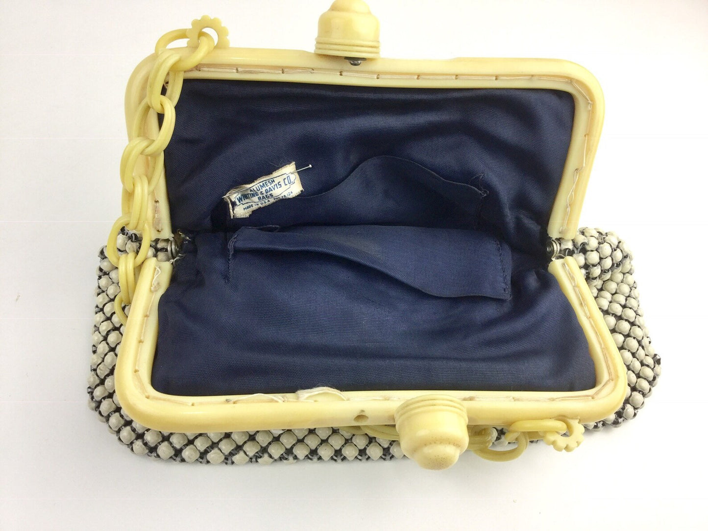 Vintage 1940s Whiting and Davis Enamel Mesh Handbag with Early Plastic Frame, Alumesh Evening Bag, White and Cream Top Handle Purse