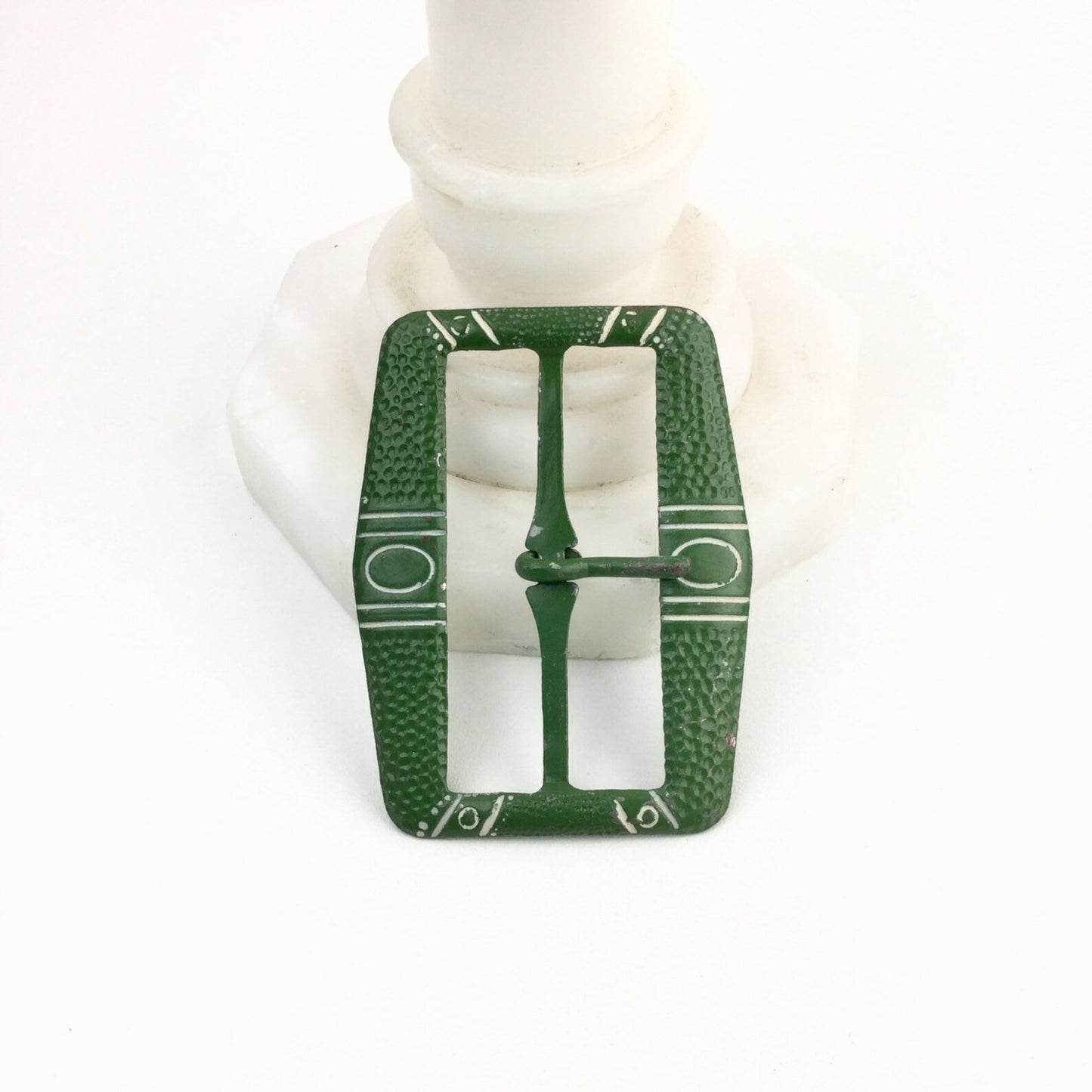 1920s Green Painted Belt Buckle, Antique Art Deco Flapper Belt Buckle, Rectangular Engraved Metal Buckle, 2.5", Vintage Accessory