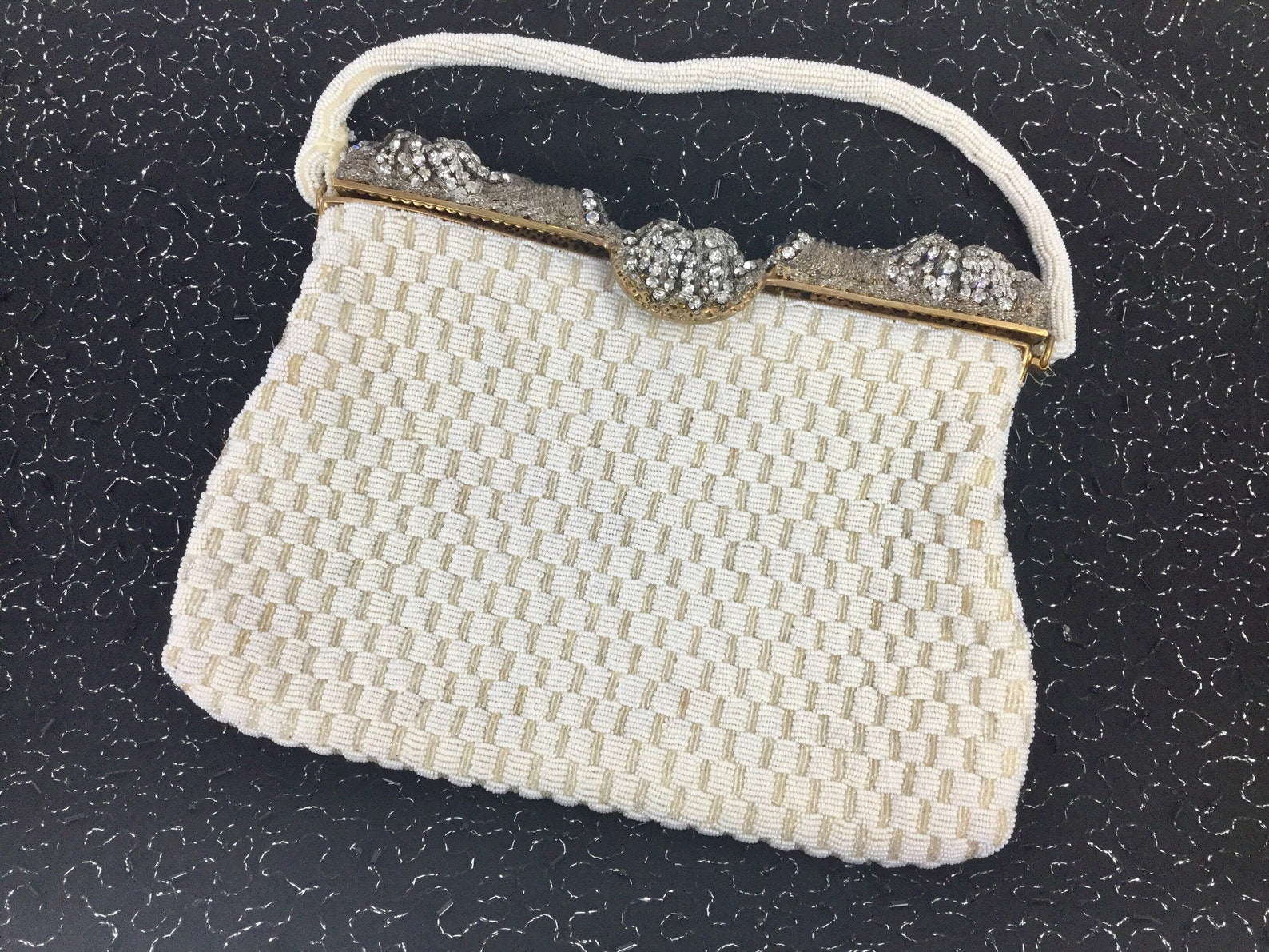 Vintage 50s/60s White Beaded Evening Bag, Rhinestone Clasp Bridal Purse