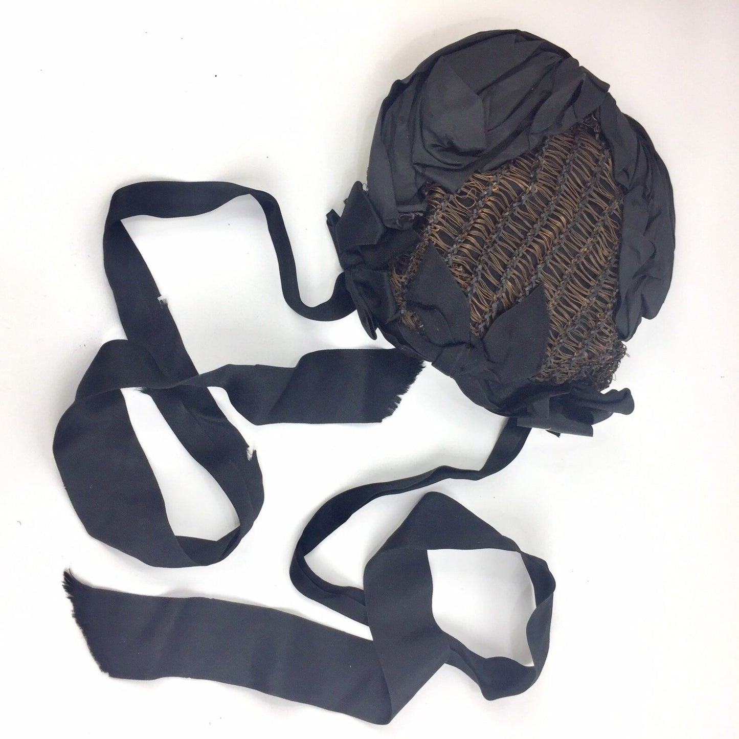 Antique Victorian Black Mourning Bonnet Cap with Brown & Black Ribbon Trim, Strong Wire Frame, Vintage Womens Bonnets