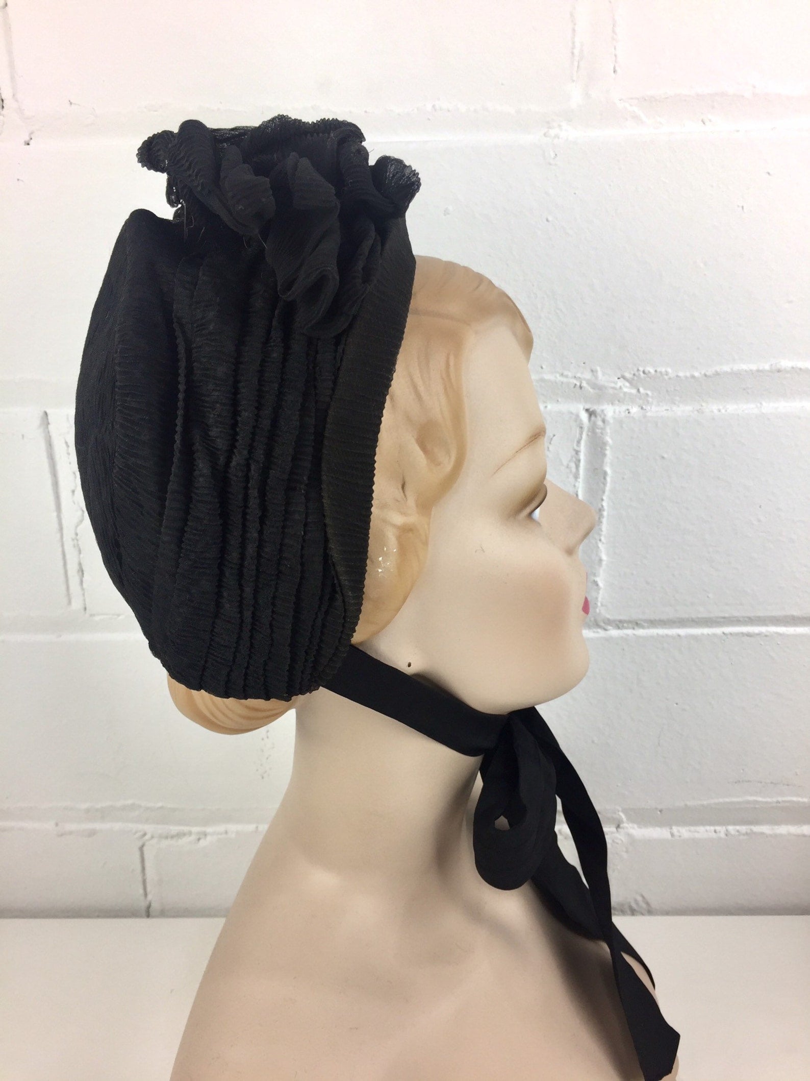 Antique Victorian Black Bonnet Cap With Bow & Ribbon Ties, Black Crepe, Net Veil Lining, Victorian Mourning, Civil War Clothing