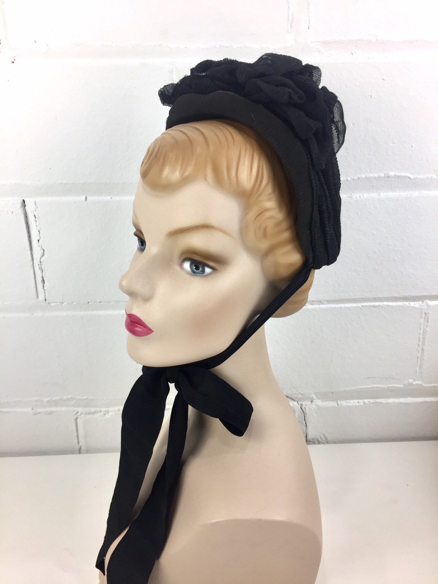Antique Victorian Black Bonnet Cap With Bow & Ribbon Ties, Black Crepe, Net Veil Lining, Victorian Mourning, Civil War Clothing