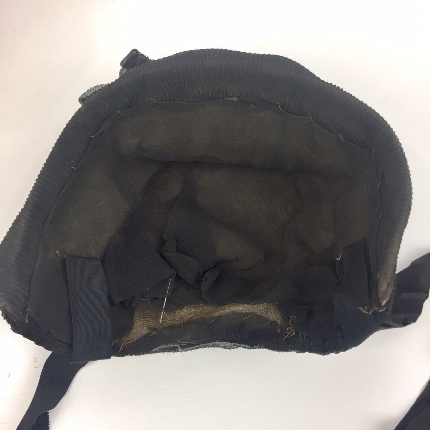 Antique Victorian Black Bonnet Cap With Bow & Ribbon Ties, Black Crepe, Net Veil Lining, Victorian Mourning, Civil War Clothing