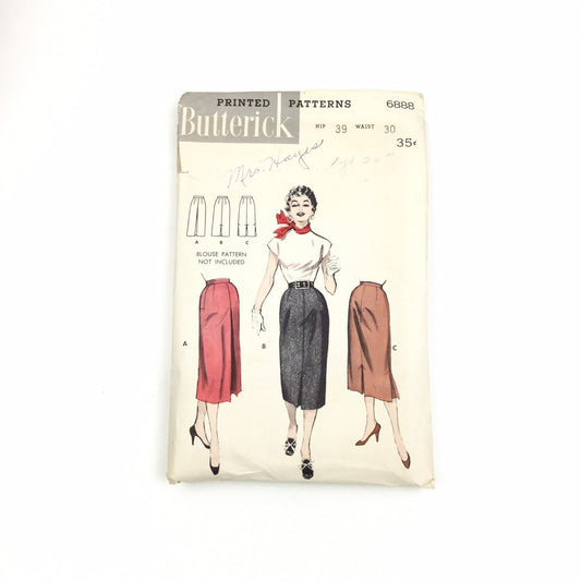 Vintage 1950s Four Gore Slim Skirt Sewing Pattern, Butterick 6888, High Waist Pleated 50s Skirt, Smartest Choice, Grease Style Pencil Skirt