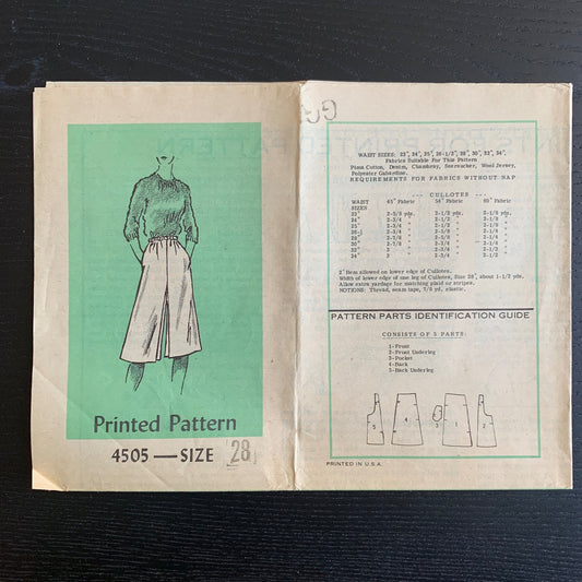 Vintage 1950s Anne Adams Womens' Culottes Sewing Pattern 4505, Size 28",  Complete