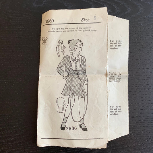 Vintage 1920s Girls Dress and Jacket Ensemble Pattern, Jewel 2880 Mail Order Pattern, Incomplete, Girls Size 8