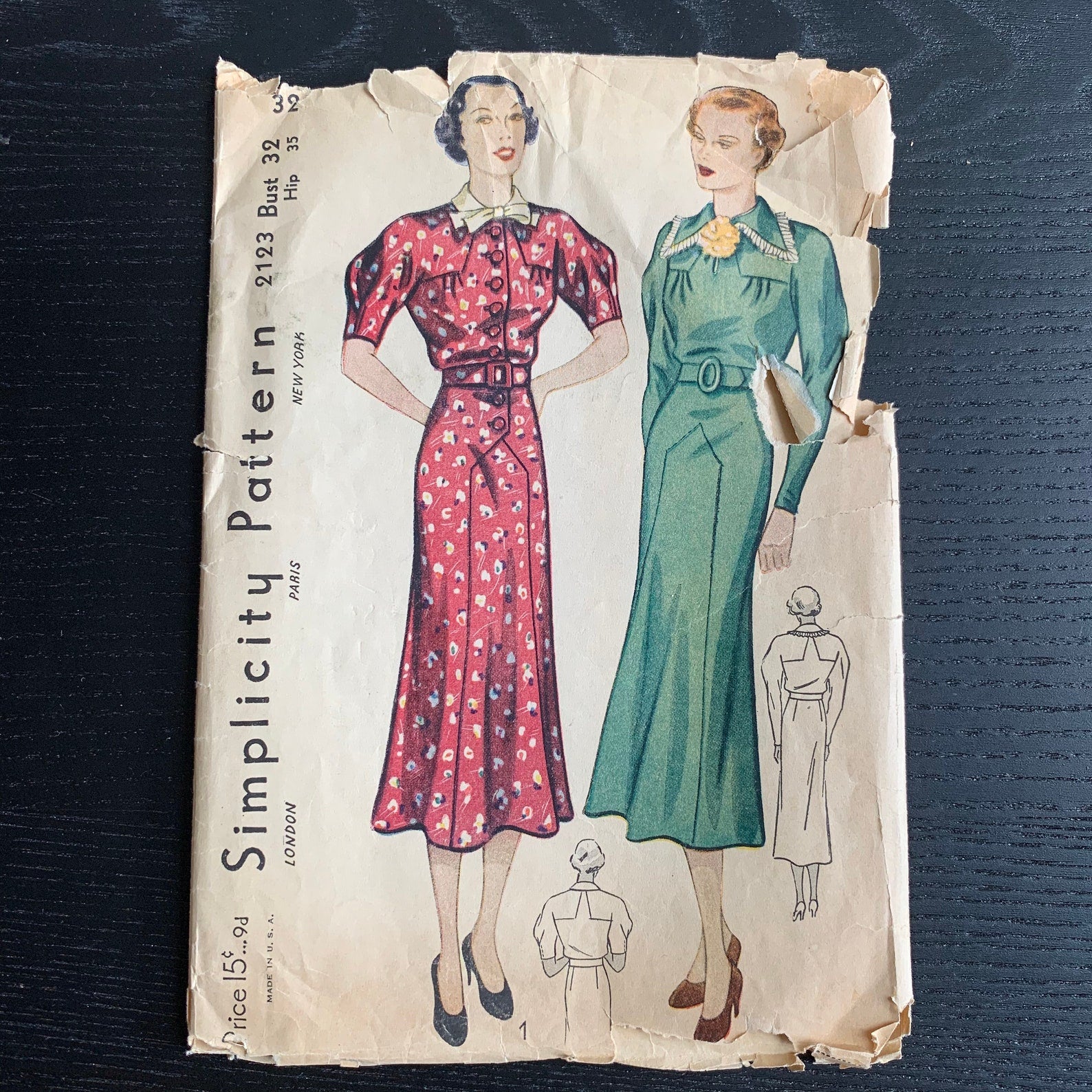 Vintage 1930s Women's Dress Sewing Pattern, Simplicity 2123, Bust 32,  Incomplete
