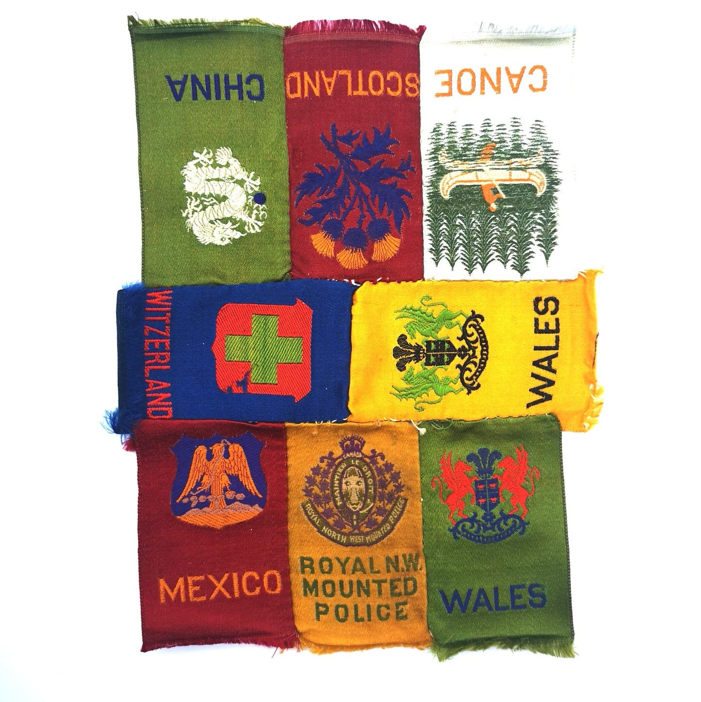 Antique 1900s Collector Tobacco Silks, Country Names, Lot of 8 Patches