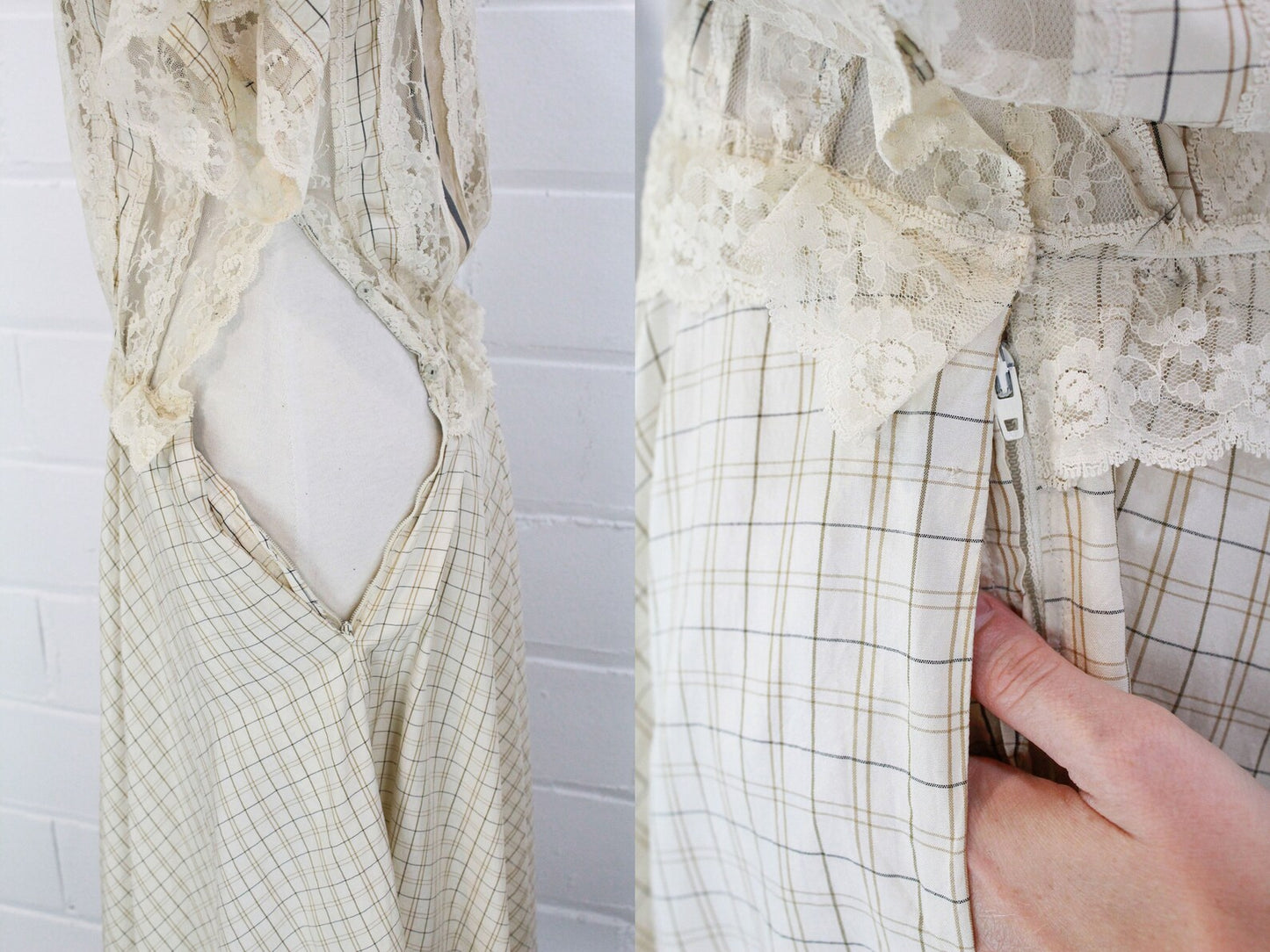 Vintage 1970s Koos Van den Akker Silk and Lace Dress with Window Pane Print, Ruffle Detail, Size Small, Bust 34"