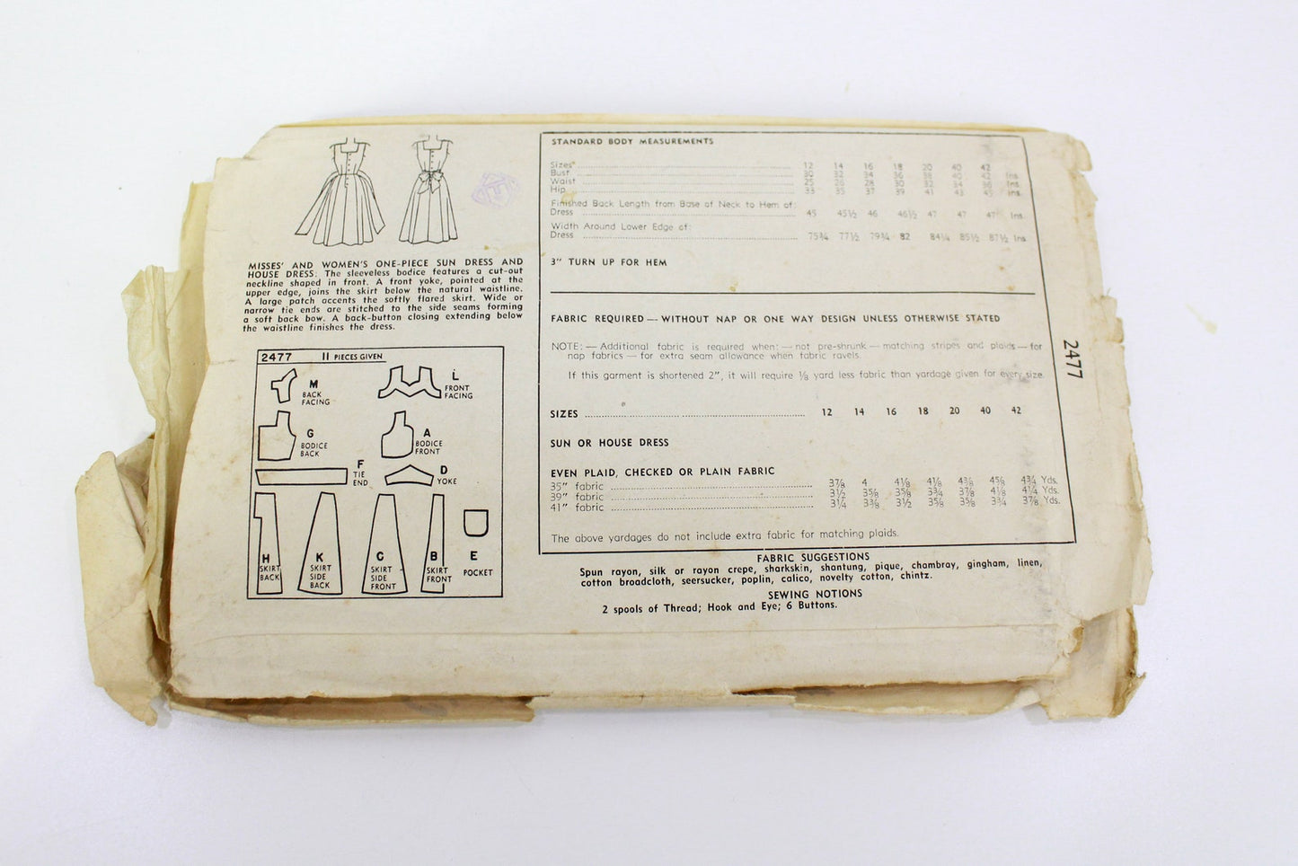 1940s Women's Dress Sewing Pattern Simplicity 2477, Vintage Summer Dress with Bow Sewing Pattern, Pre-Cut, Complete, Bust 32 in.