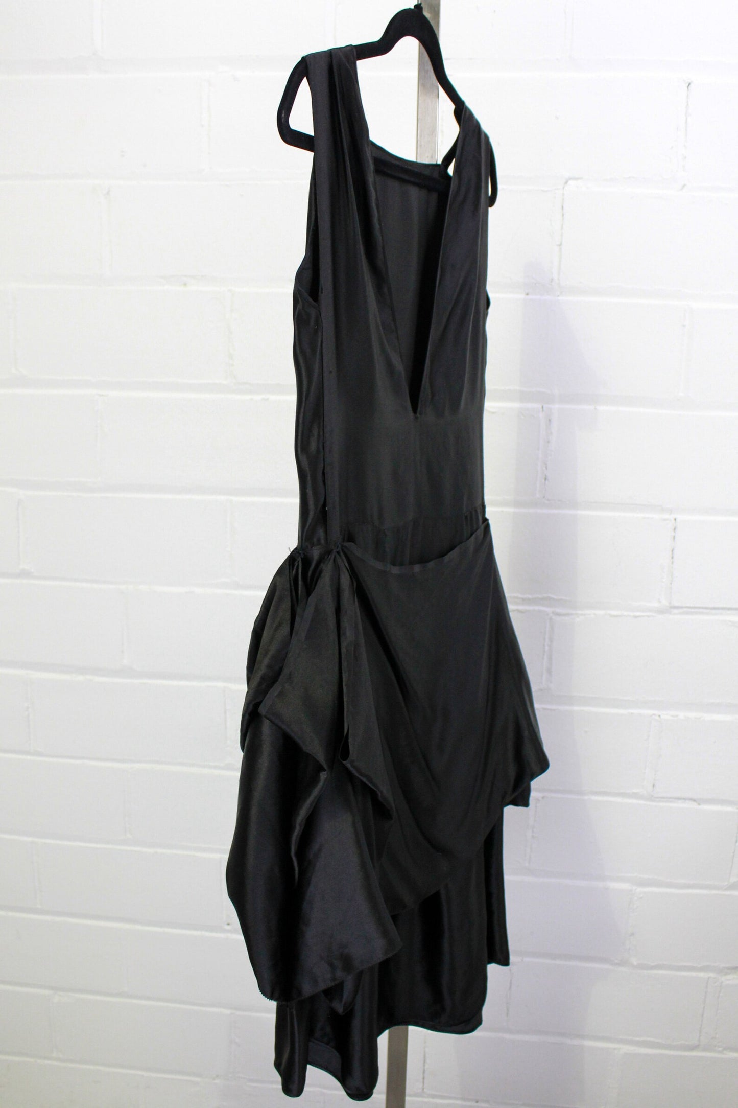 1920s Black Silk Dress with Cut Out Straps, XS, Balloon Peplum Skirt