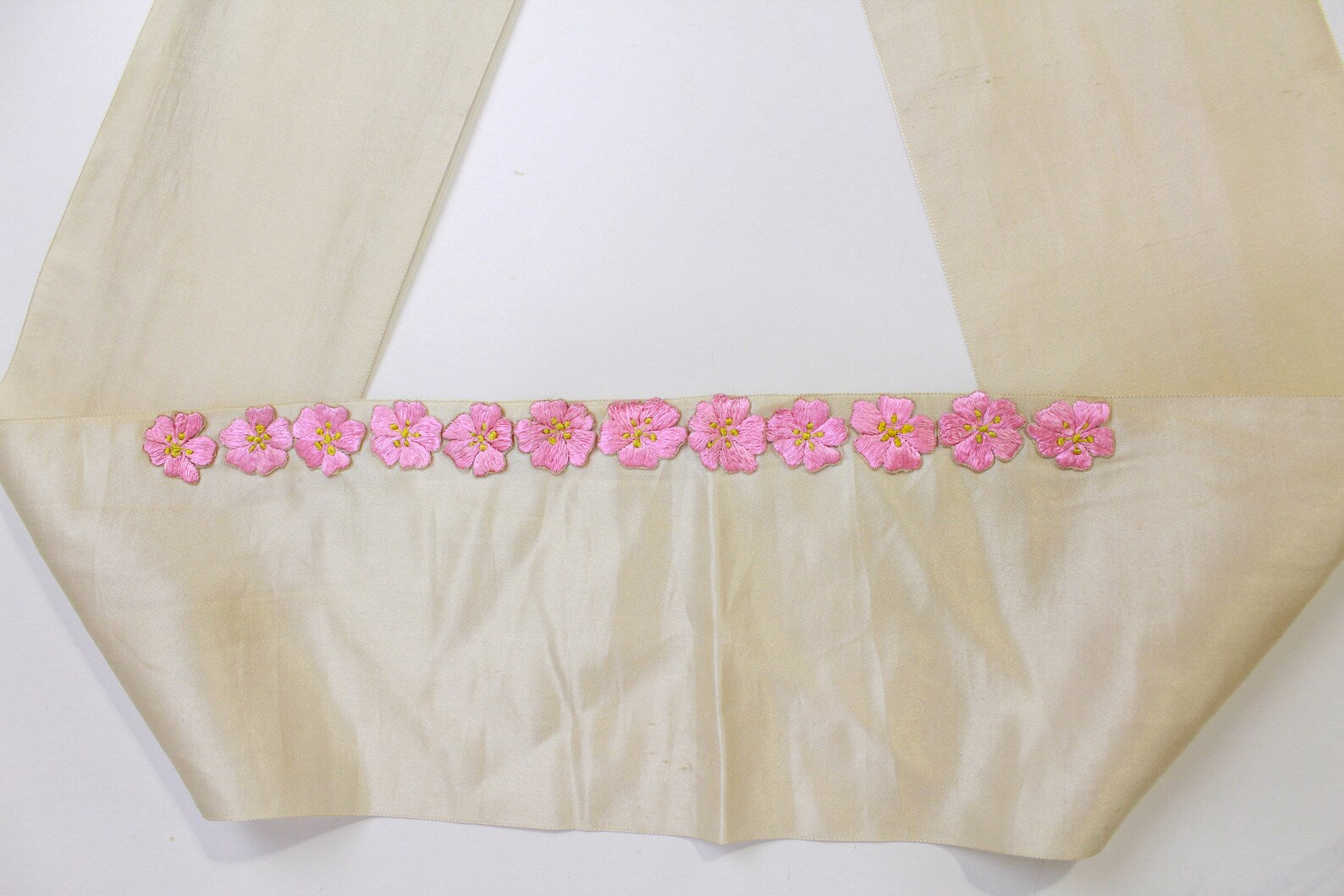 Antique Silk Sash Belt/Scarf with Appliquéd Embroidered Pink Flowers Cherry Blossoms, Pleated Ruffle Ends, 1890s/Early 1900s