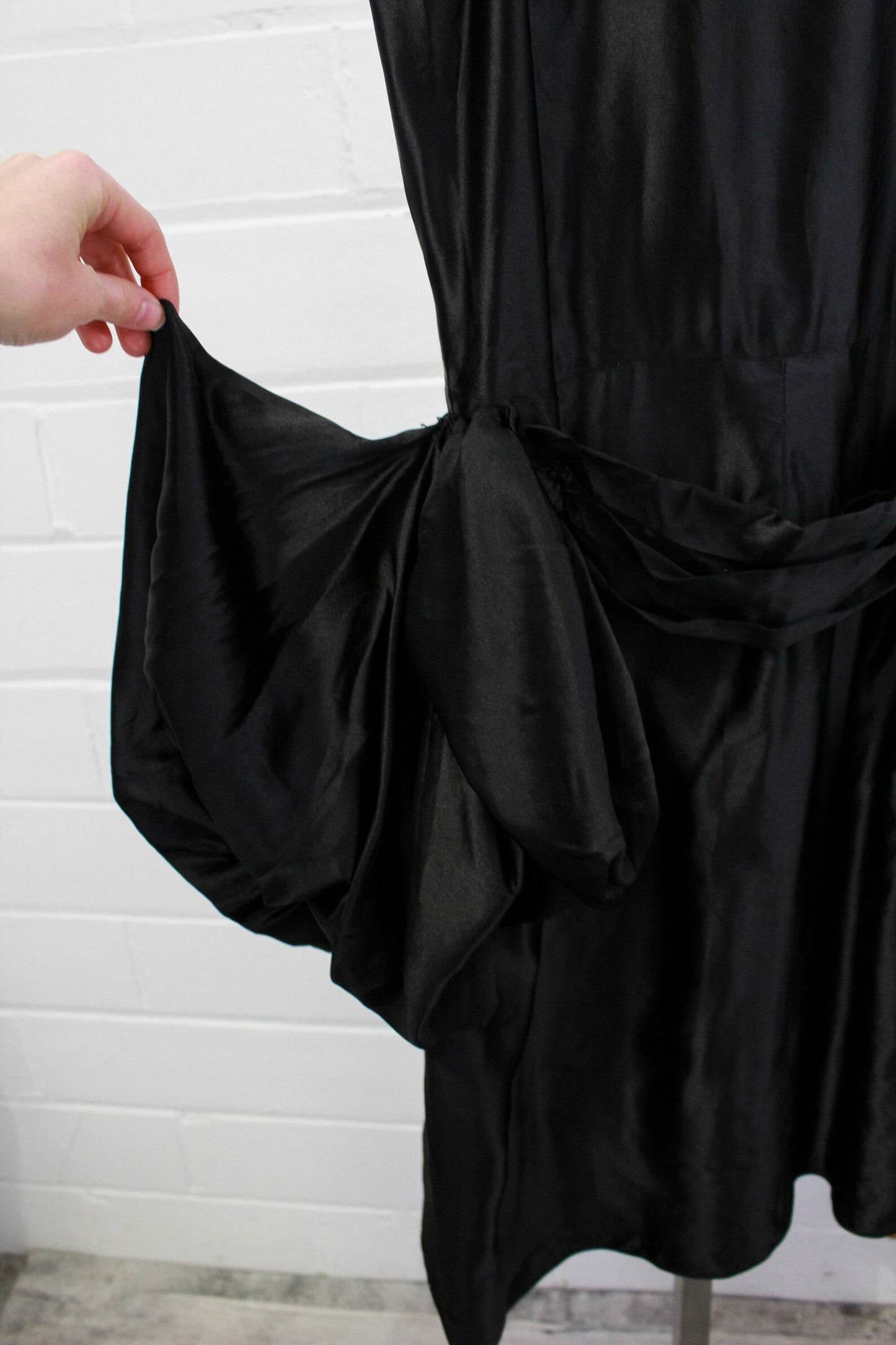 1920s Black Silk Dress with Cut Out Straps, XS, Balloon Peplum Skirt