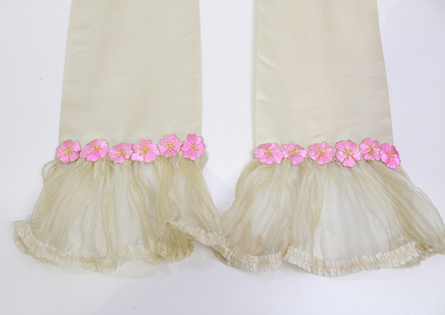 Antique Silk Sash Belt/Scarf with Appliquéd Embroidered Pink Flowers Cherry Blossoms, Pleated Ruffle Ends, 1890s/Early 1900s