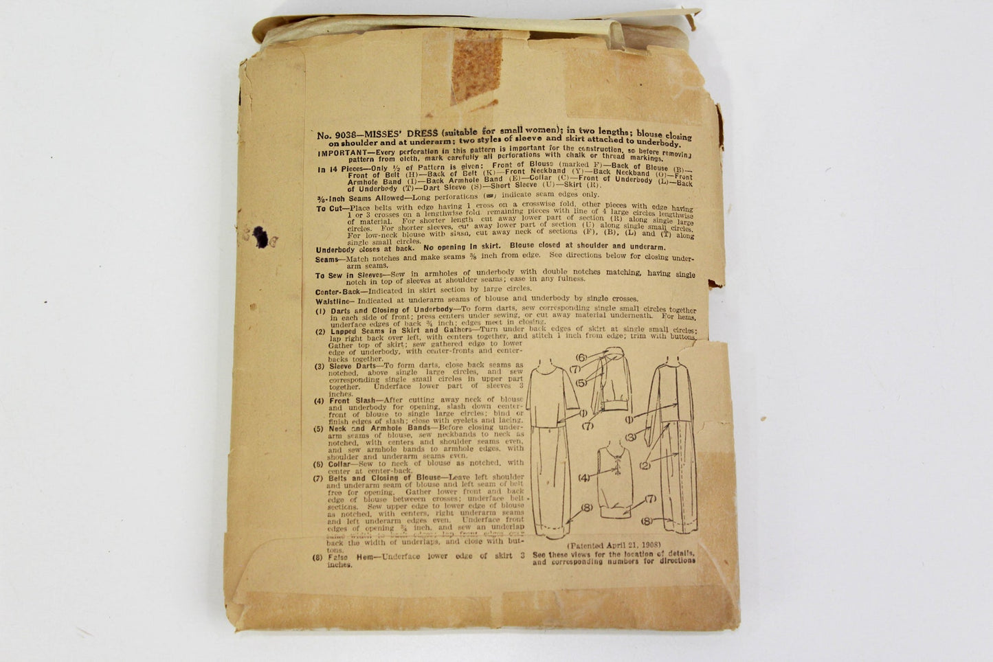 1900s Women's Dress Sewing Pattern McCall's 9038, Antique Vintage Sewing Pattern, Complete, Bust 34