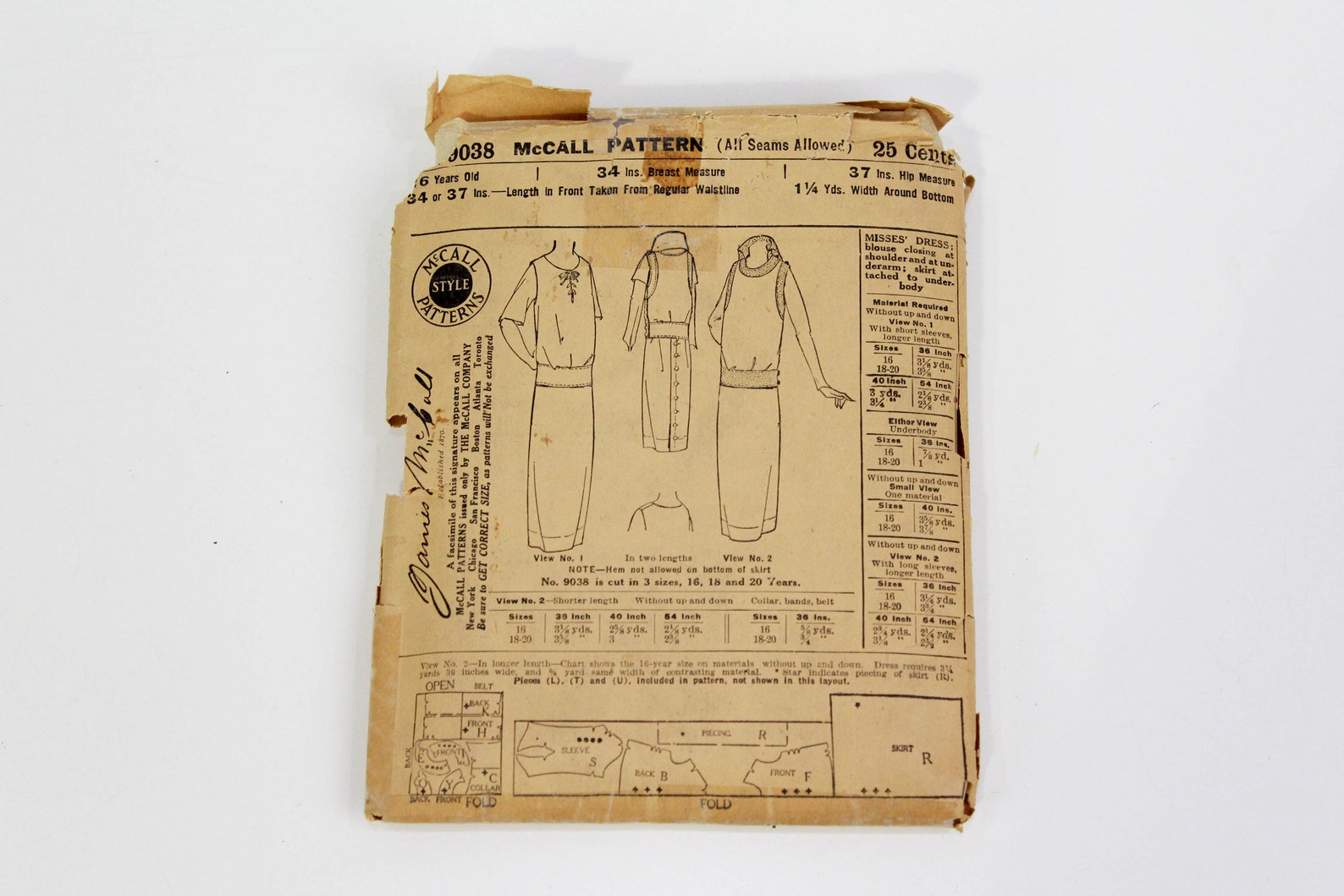 Antique 1900s Dress Sewing Pattern, McCall's 9038, B34" Ian Drummond Vintage Antique 1900s Dress Sewing Pattern, McCall's 9038, B34" Ian Drummond Vintage