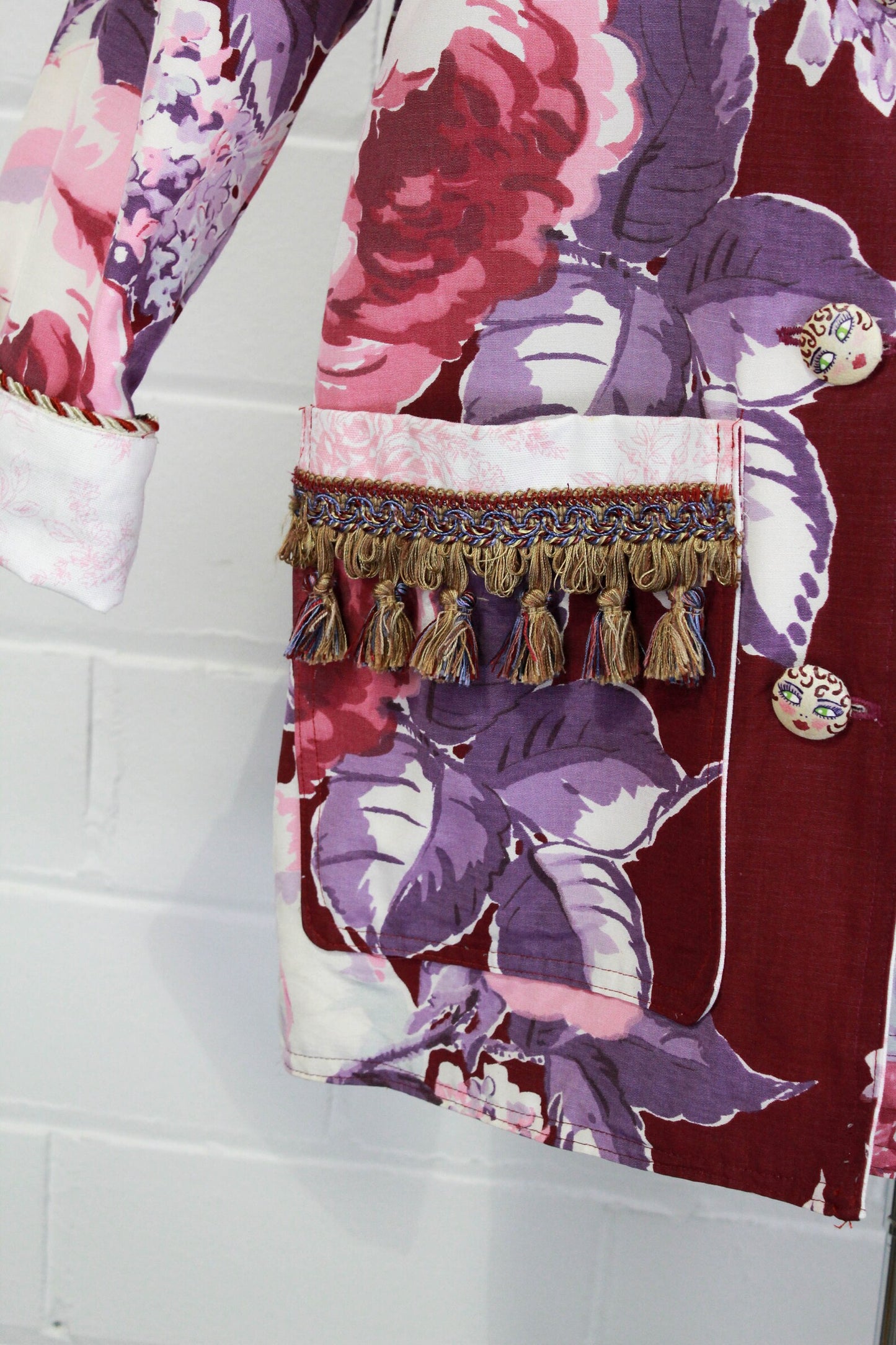 Vintage Upcycled Purple Floral Print Jacket, Medium, One of a Kind, Patch Pockets, Tassel Trim, Hand Painted Face Buttons