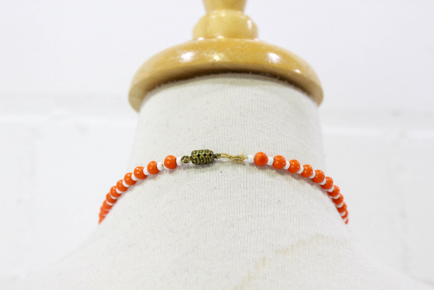 1930s Glass Beaded Necklace, Orange, White and Brown Beads with Metal Accents, Antique 30s Art Deco Necklace