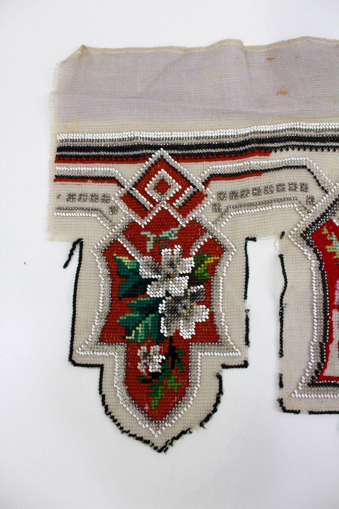 Antique Victorian Floral Needlepoint Beaded Pelmet, Mantel Decor
