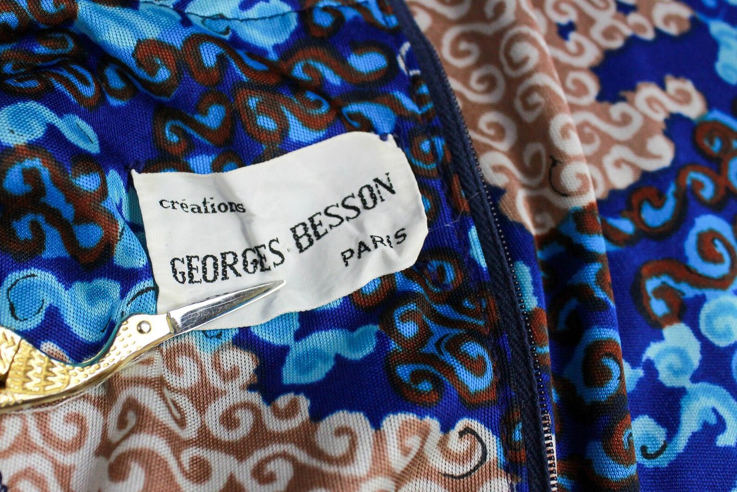 1970s Blue Psychedelic Maxi Dress Georges Besson Paris, XS, Vintage 70s Empire Maxi Dress, Long Sleeves