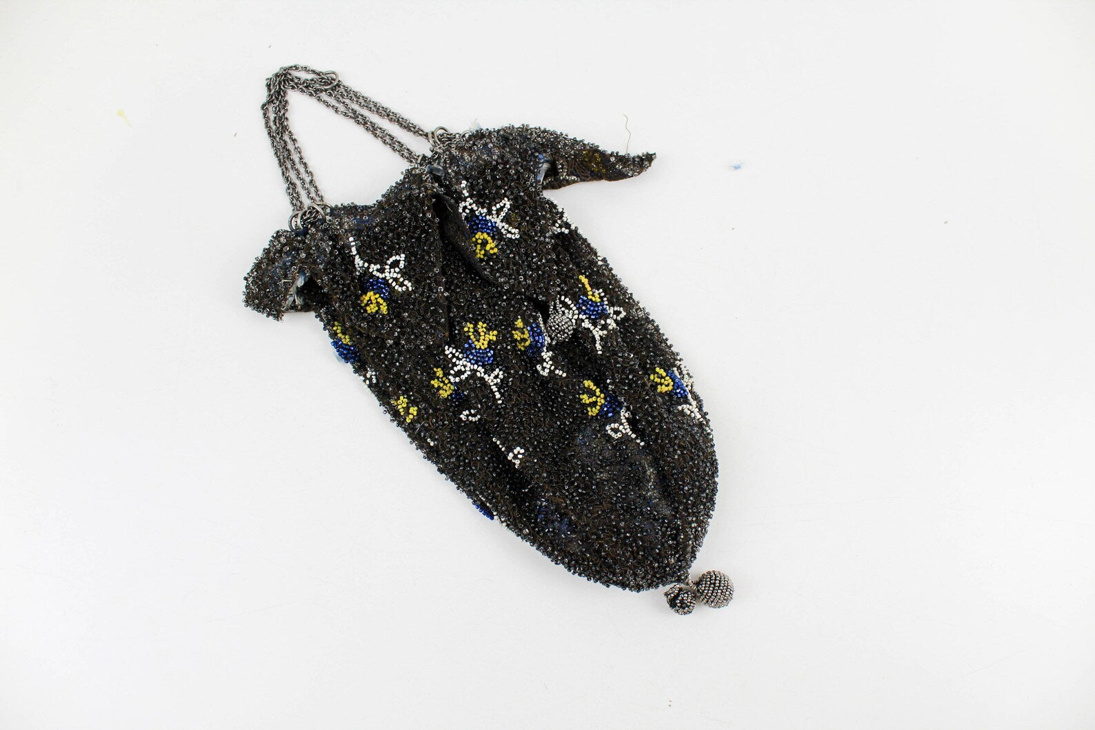1920s Beaded Purse, Floral Beadwork, Chain Handle, Antique Art Deco 20s 30s Silk Beaded Pouch
