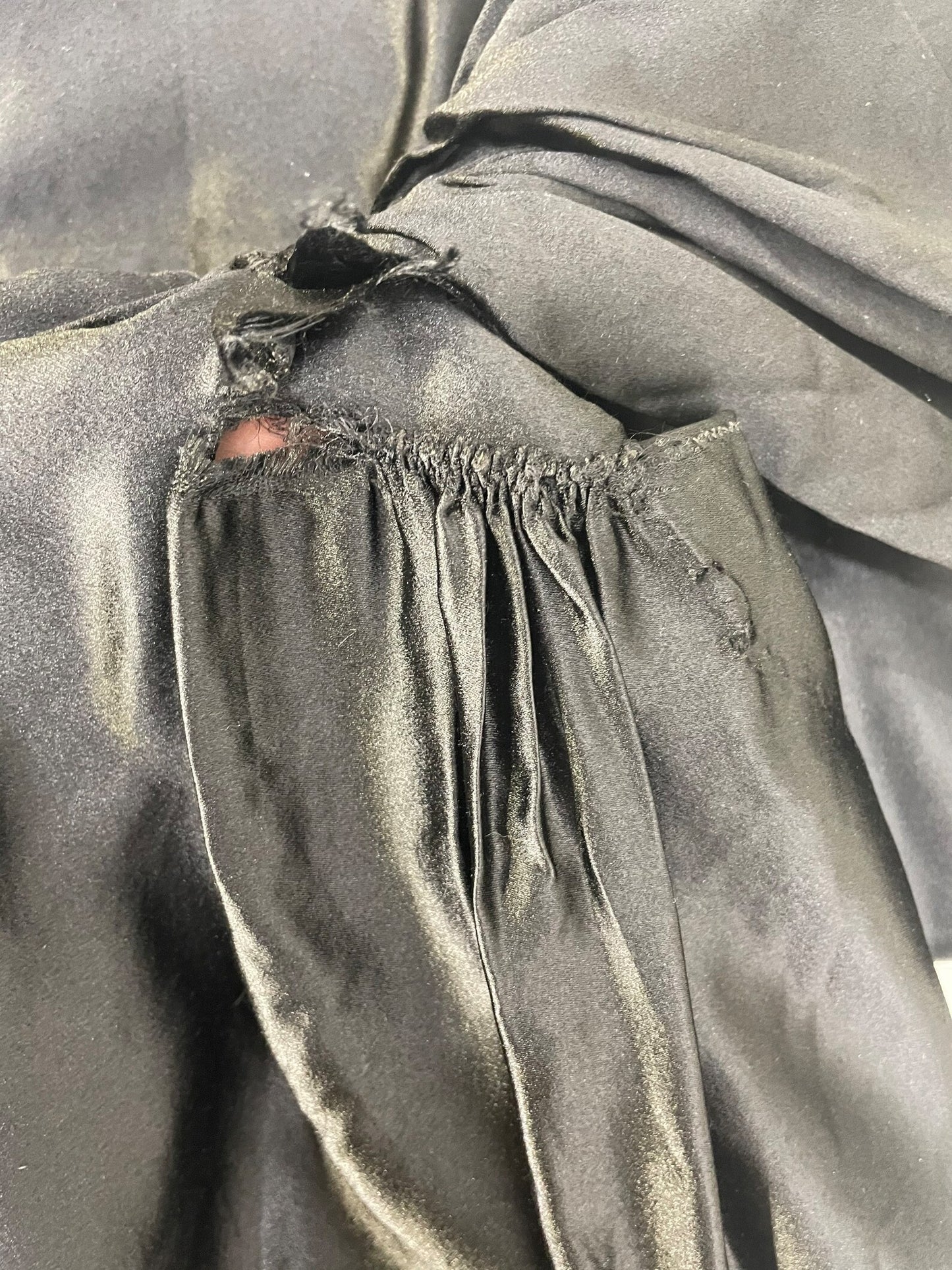 1920s Black Silk Dress with Cut Out Straps, XS, Balloon Peplum Skirt