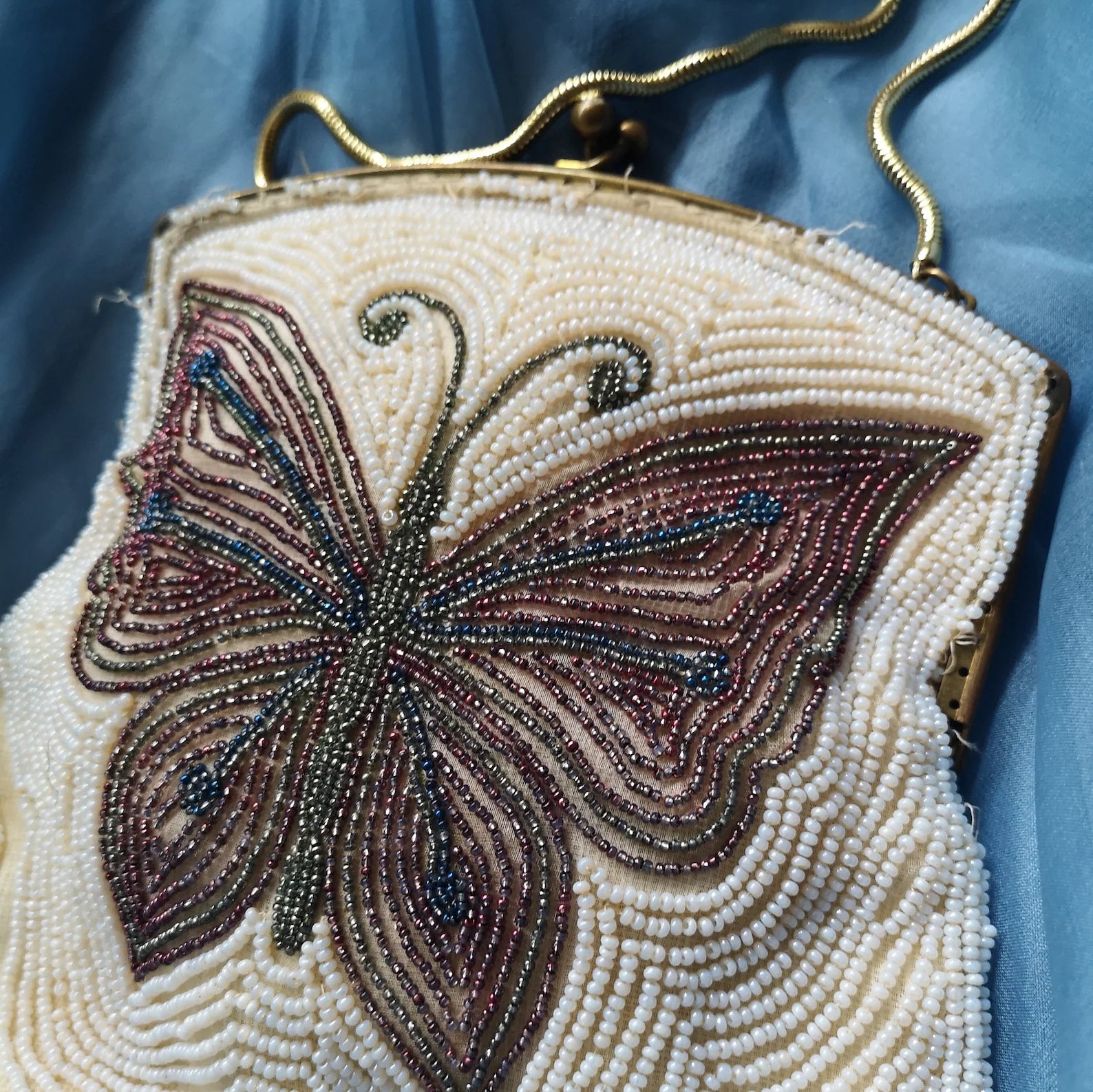 Antique Art Nouveau Beaded Clutch. Cream and Gold Evening Bag. Belgium