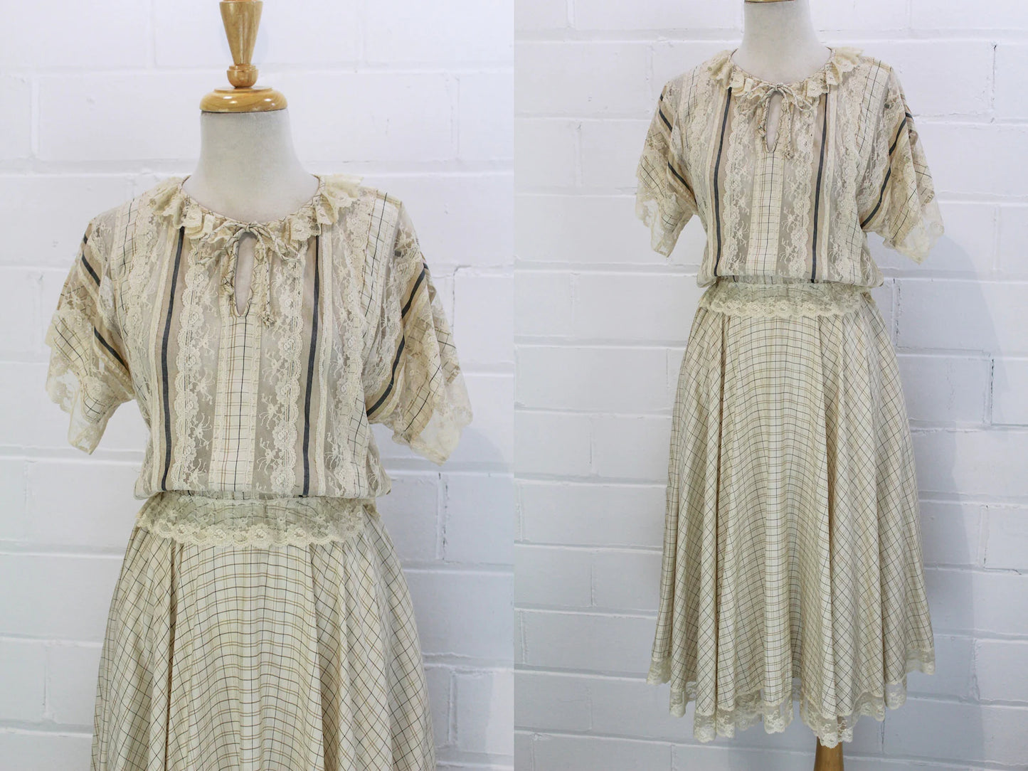 Vintage 1970s Koos Van den Akker Silk and Lace Dress with Window Pane Print, Ruffle Detail, Size Small, Bust 34"