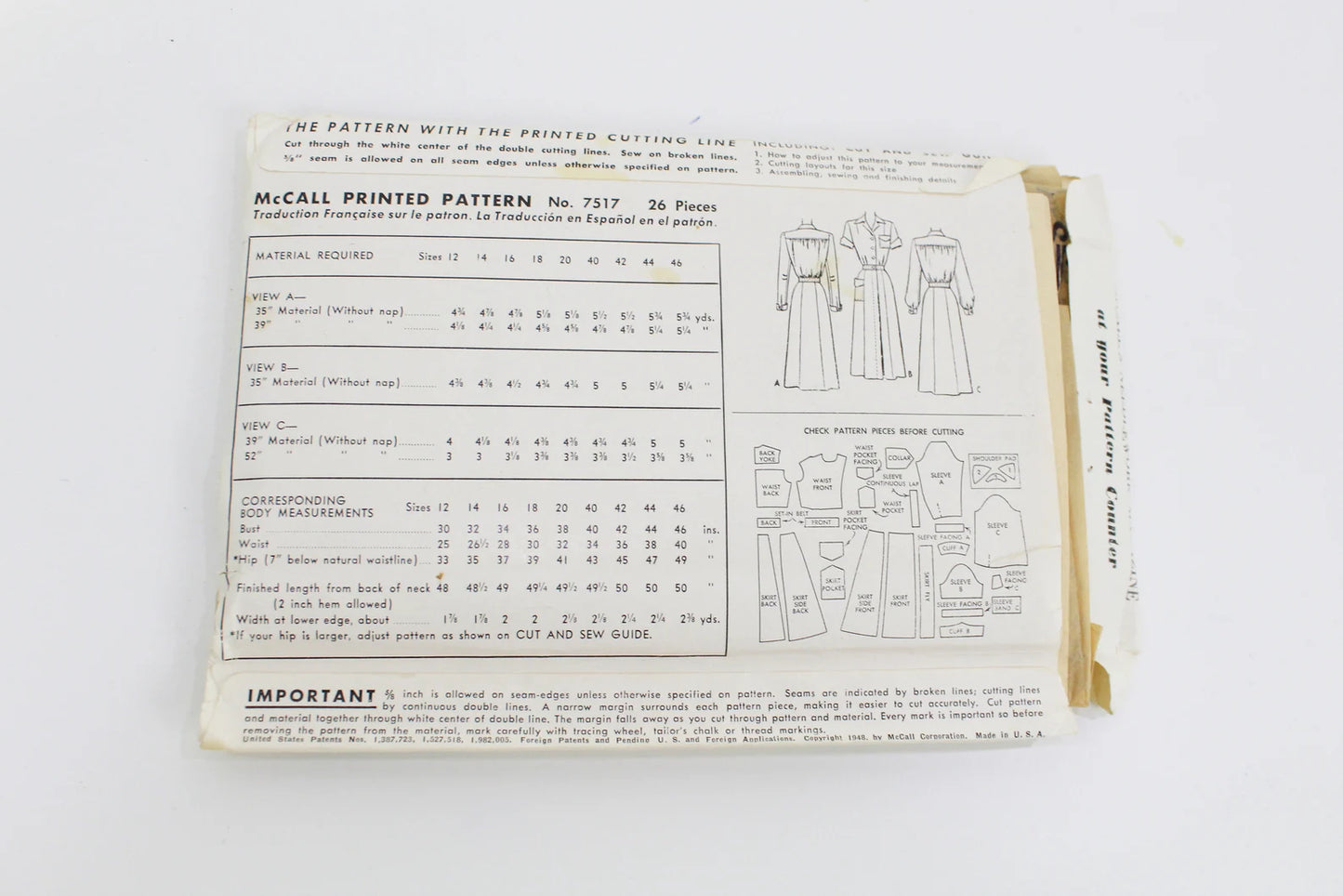 Late 1940s Women's Nurses' Uniform Sewing Pattern McCall 7517, Vintage 40s Authentic Period Nurses' Costume Pattern, Complete, Bust 34 in.