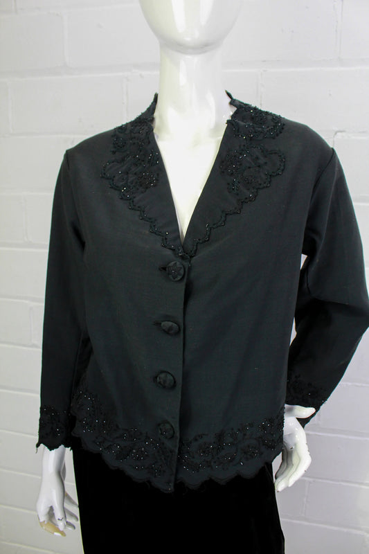 Antique 1900s Black Beaded Cotton Victorian Mourning Jacket with Intricate Beading and Embroidery Scalloped Edges, Star Embroidered Buttons